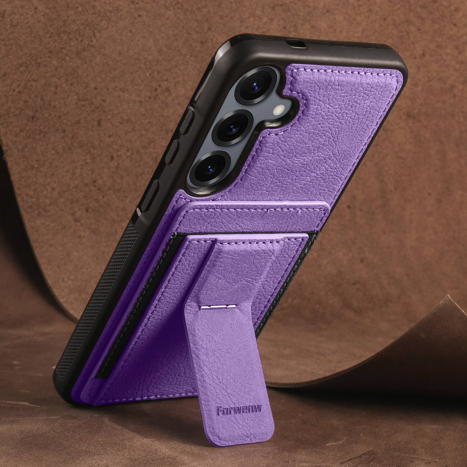 Angle. Dteck - Slim Card Holder Case for Samsung Galaxy S24, Shockproof Wallet Protective Cover with Kickstand - Purple.