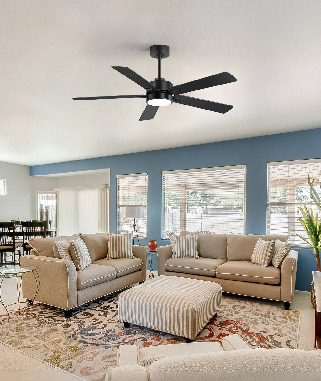 Alt View 6. Breezary - 52" Large Indoor Modern Ceiling Fan with Light and Remote, 5 Blades, 6 Speeds, Reversible Motor, Timer & Memory, Downrod - Matte Black.