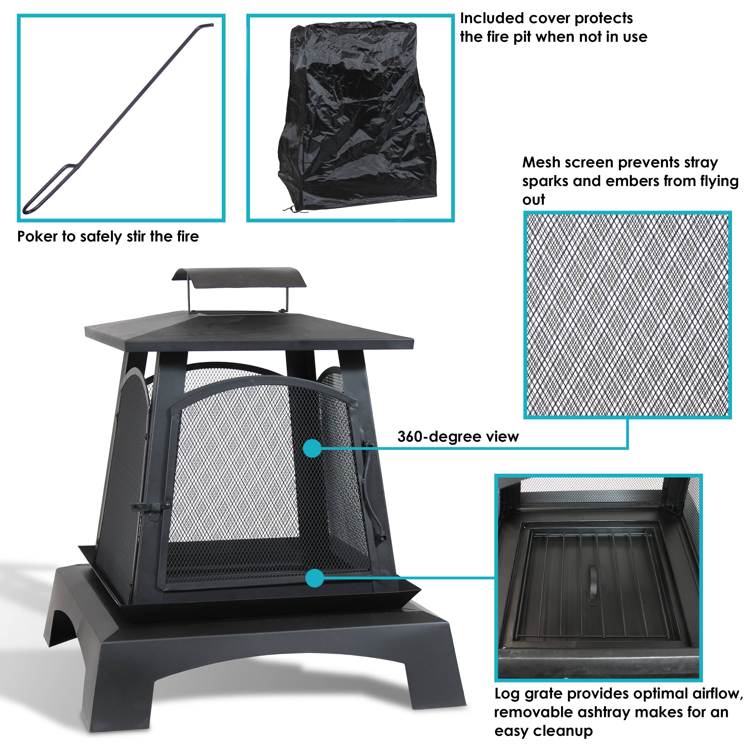 - Included cover protects the fire pit when not in use
- Mesh screen prevents stray sparks and embers from flying out
- Poker to safely stir the fire
- 360-degree view
- Log grate provides optimal airflow, removable ashtray makes for an easy cleanup