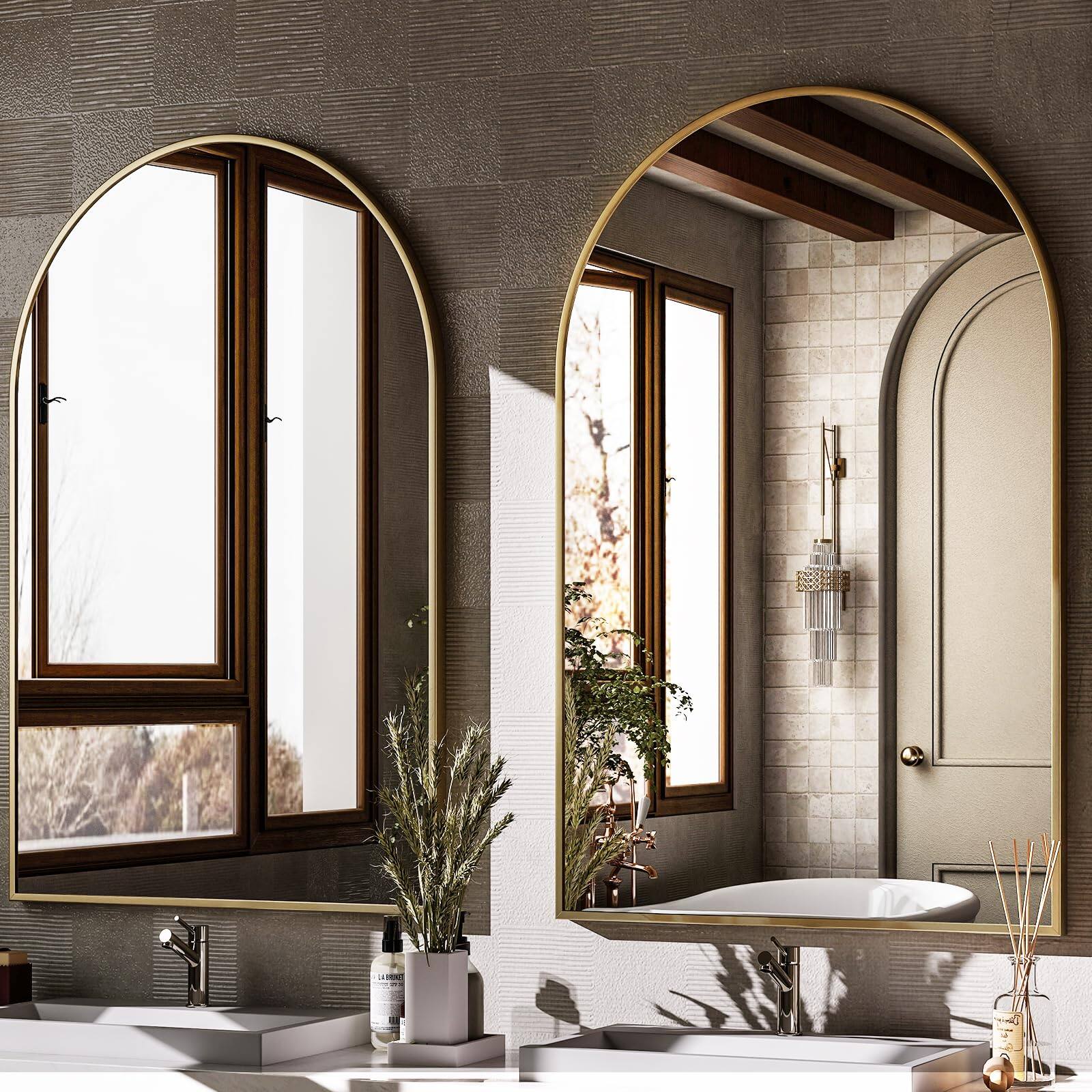 Alt View 5. Dapper Styles - Arched Wall Mirror x36 - Metal Frame Vanity Mirrors For Bedroom Entryway Living Room Decor - Gold-42"L x 32"W.