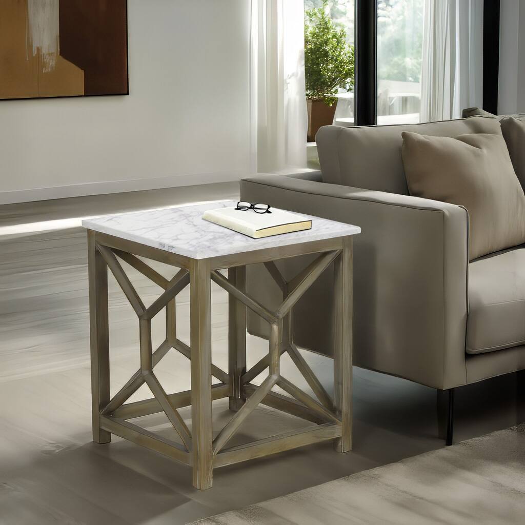 Alt View 9. Manhattan Lane - Agas Side End Table, 22 Inch Square White Genuine Marble Top, Mango Wood Geometric Frame - White, Ash Gray.