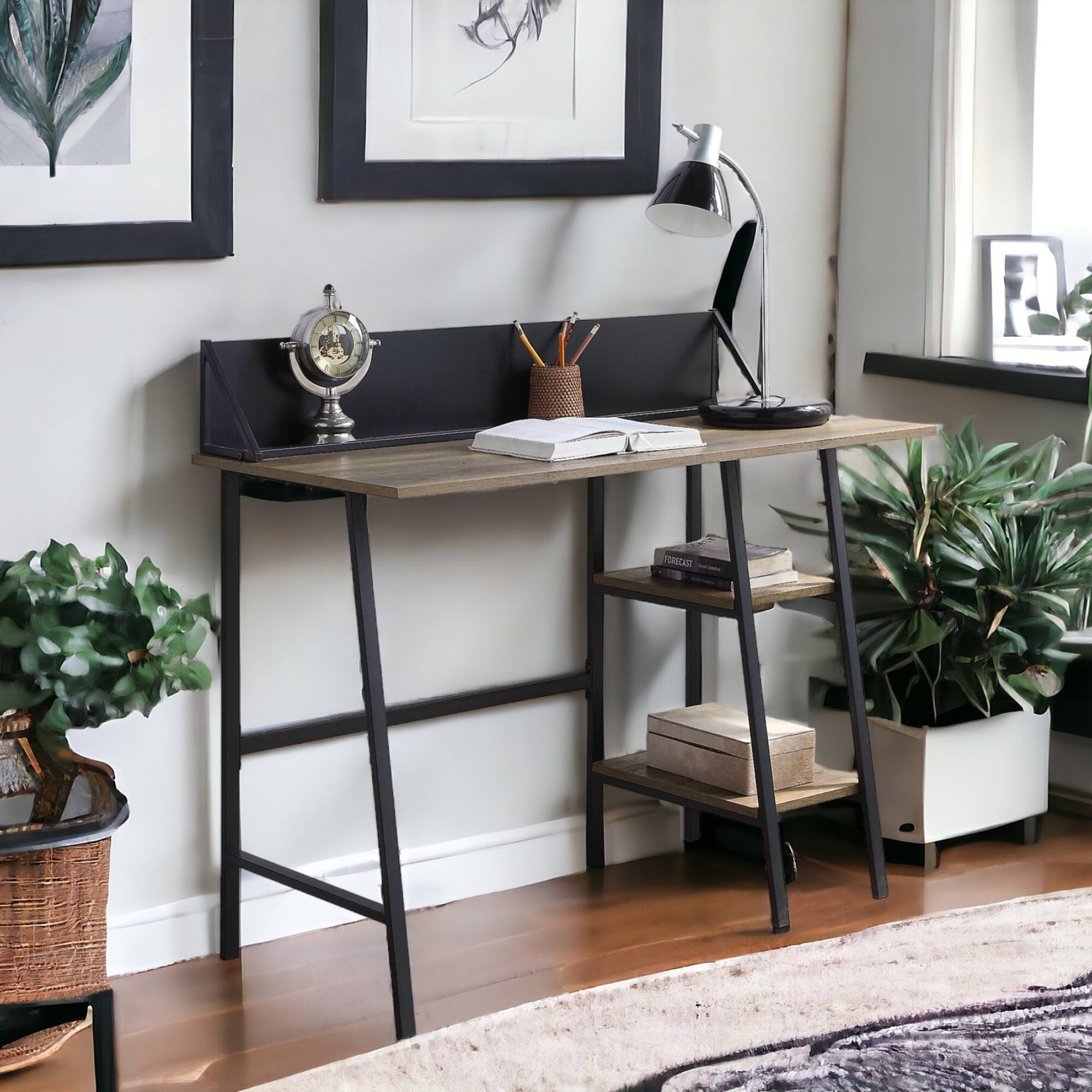 Alt View 1. GOODSILO - Rustic Oak Writing Desk with Black Metal Legs and Integrated Storage Shelf for Modern Home Office - Oak.