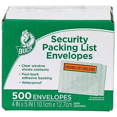 Security Duck Packing List Envelopes

- Clear window shows contents
- Peel-back adhesive backing
- Waterproof

500 ENVELOPES

4 IN x 5 IN | 10.1 cm x 12.7 cm Inside Dimensions

Packing List Enclosed

Envelopes do not include packing list