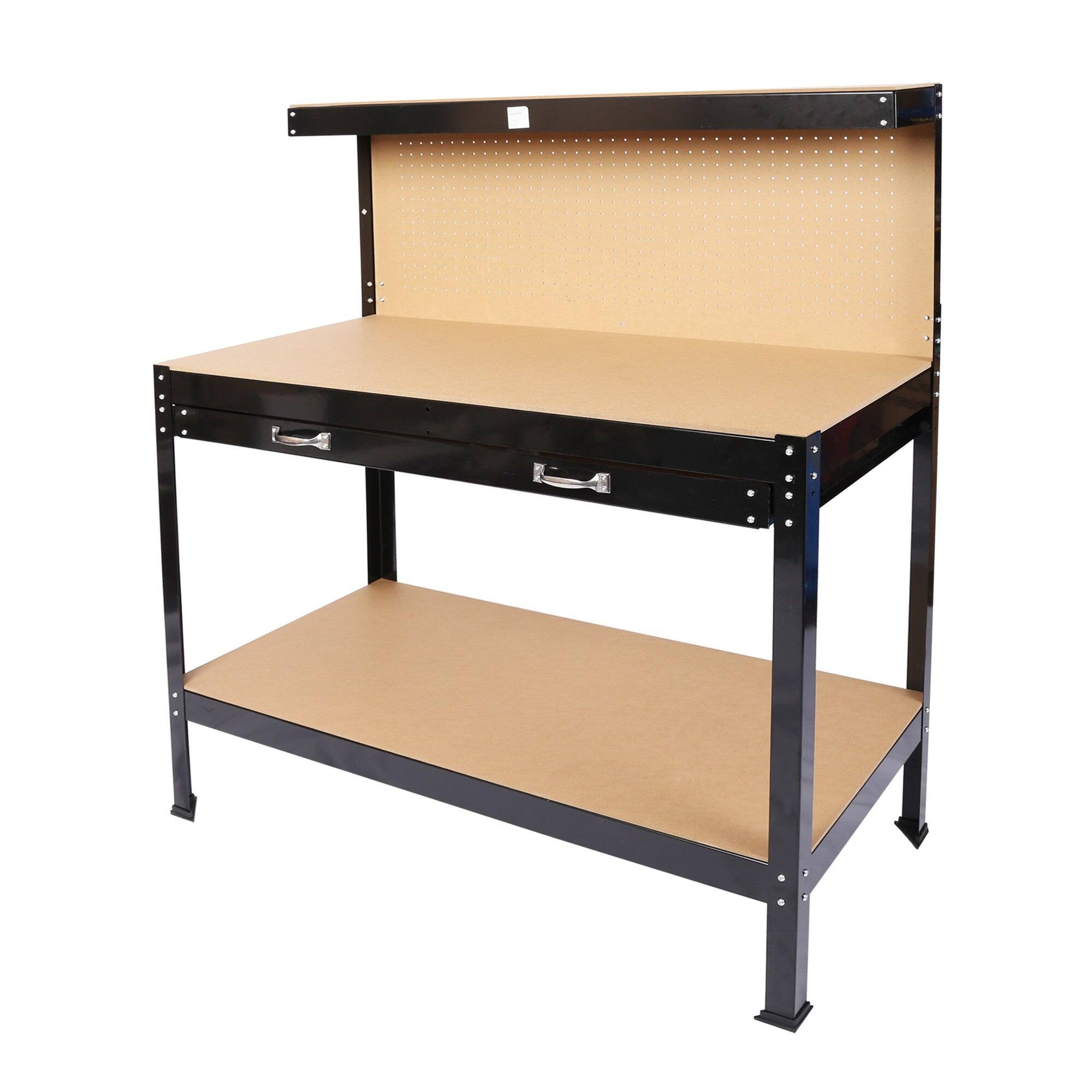 Front. Boyel Living - 24 inch W x 48 inch D Two Drawers Black Steel Workbench Table with Peg Board.