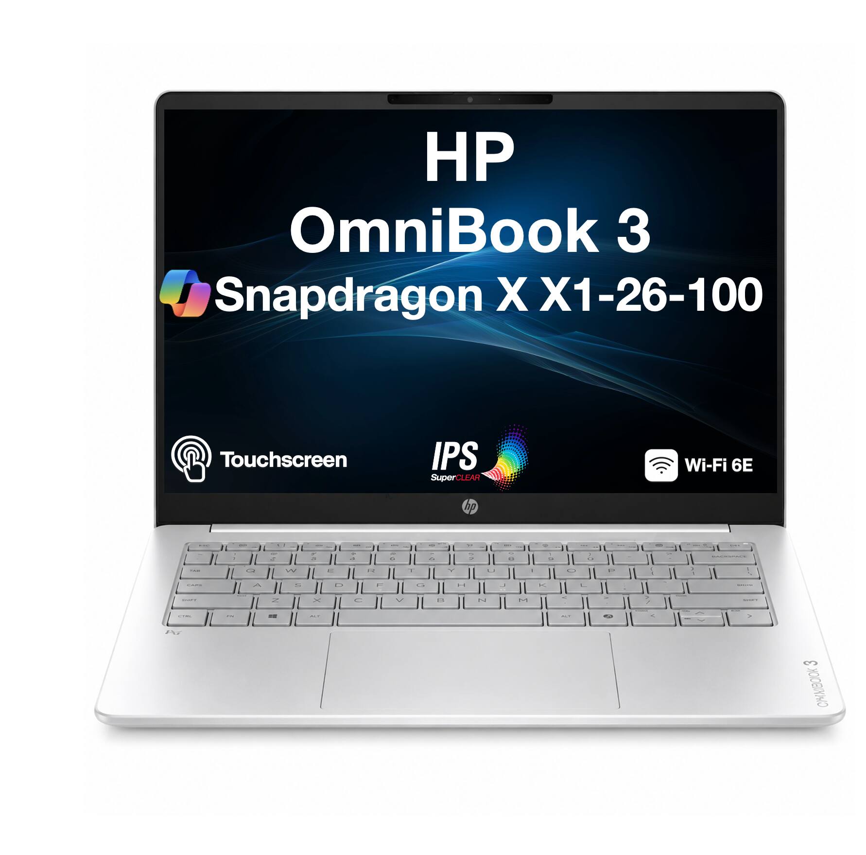 HP OmniBook 3  
Snapdragon X X1-26-100  
Touchscreen IPS SuperCLEAR  
Wi-Fi 6E