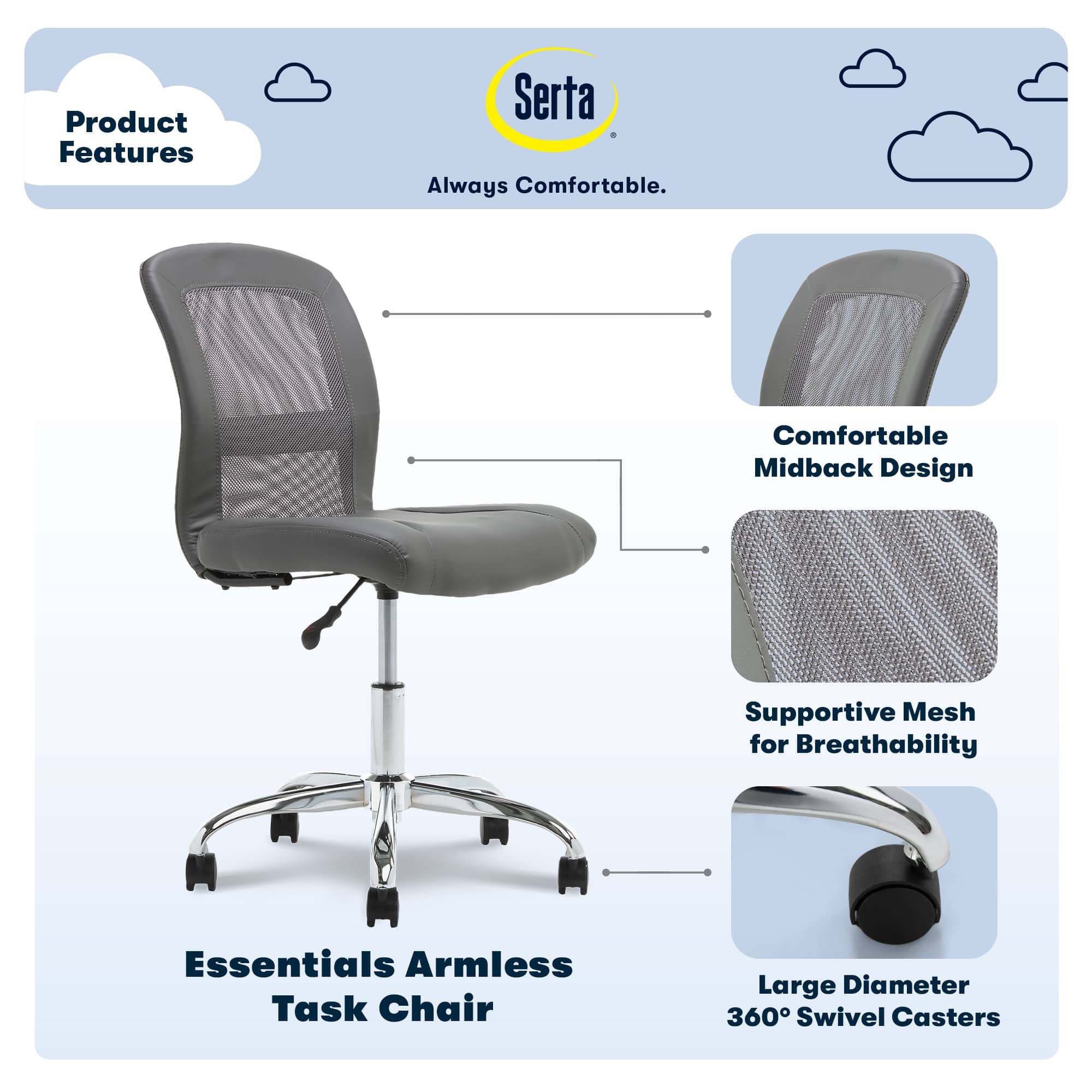 The image showcases a comfortable and supportive task chair with a mesh back for breathability. It features a midback design and is designed to provide comfort while working. The chair has large diameter 360 swivel casters for easy movement and is an essential armless task chair. The product is made by Serta, ensuring that it is always comfortable.
