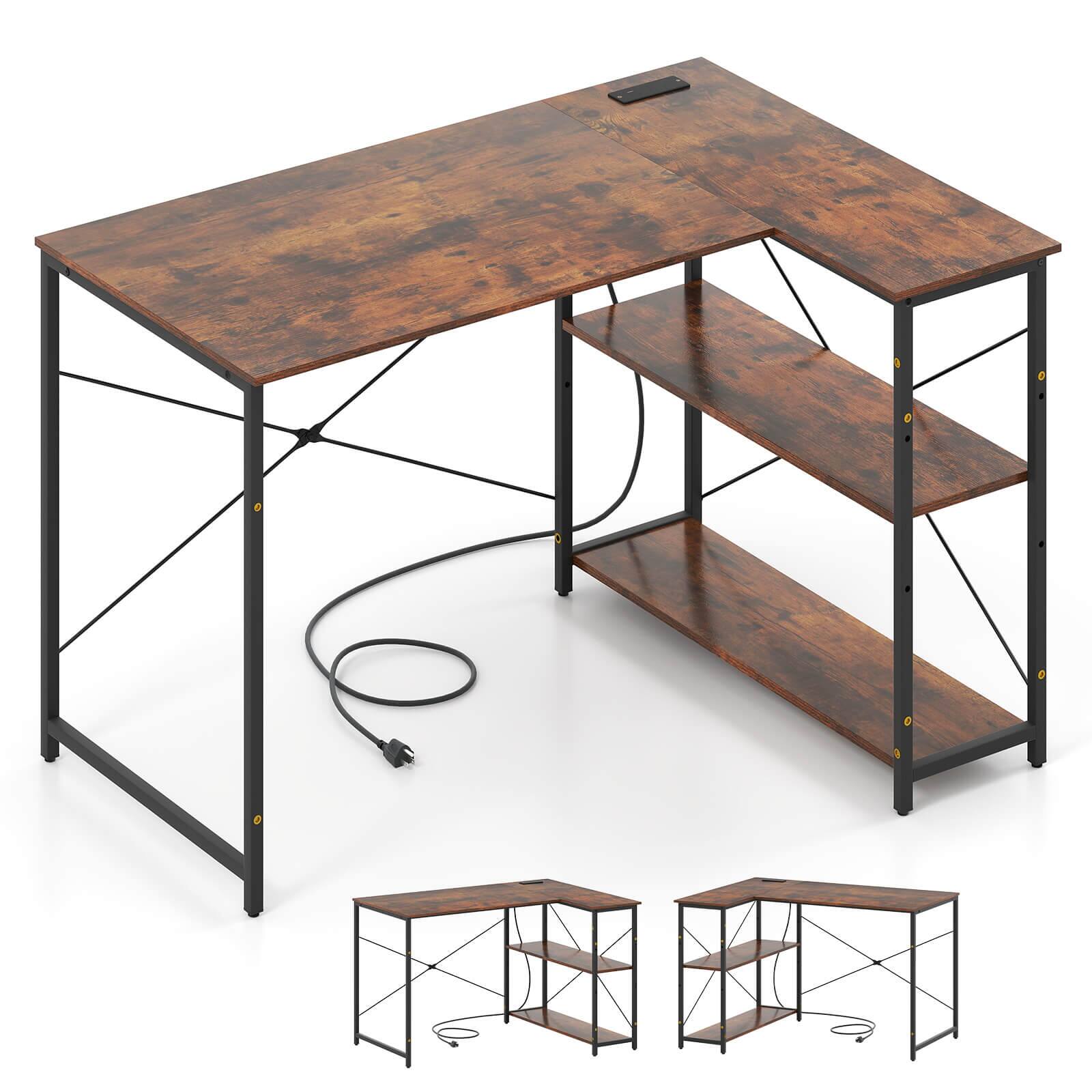 Angle. Costway - Costway L-Shaped Computer Desk with Power Outlets Adjustable shelf Heavy-Duty Metal Frame Brown - Rustic Brown + Black.
