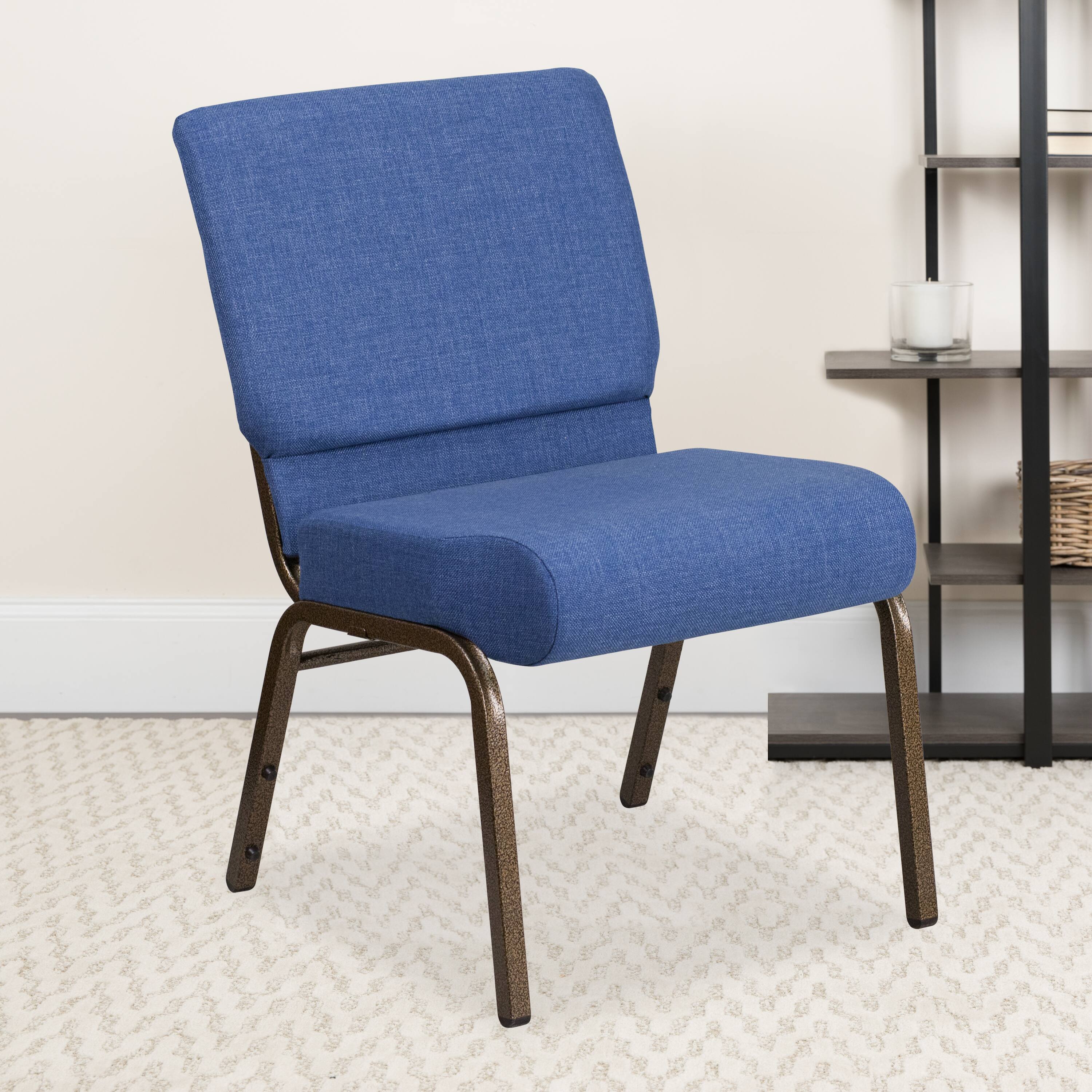 Alt View 2. Emma + Oliver - 4 Pack 21''W Stacking Church Chair - Blue Fabric/Gold Vein Frame.