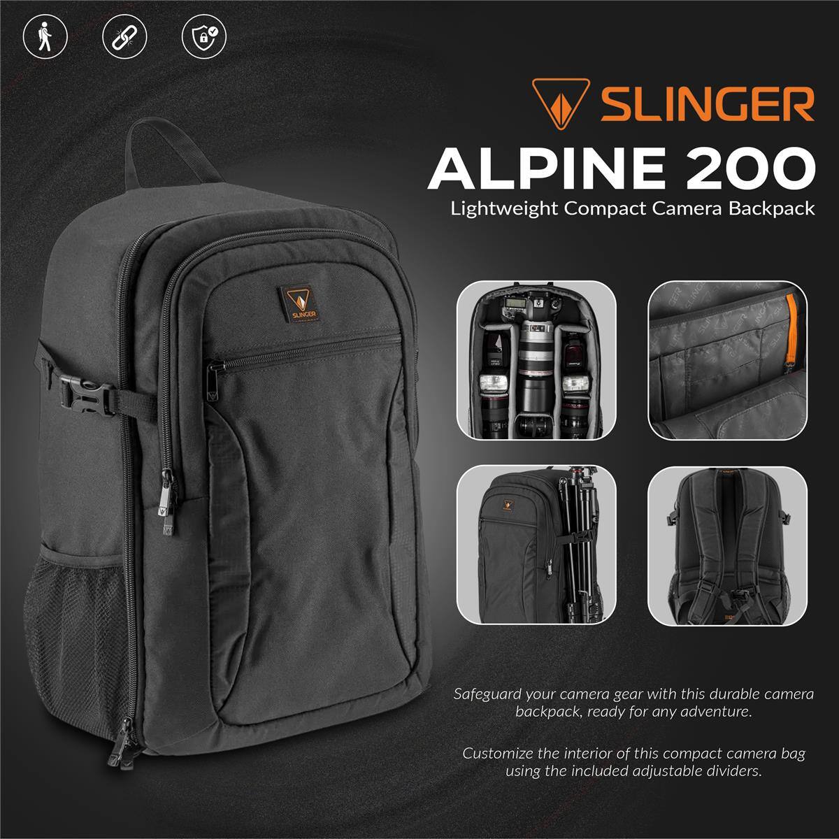 SLINGER ALPINE 200 Lightweight Compact Camera Backpack

Safeguard your camera gear with this durable camera backpack, ready for any adventure. Customize the interior of this compact camera bag using the included adjustable dividers.