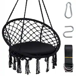 Costway - Swing Chair, Hammock Chair with Round Seat Cushion, Indoor & Outdoor Boho Chair - Black