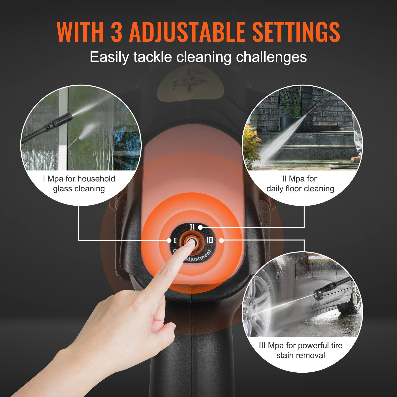 WITH 3 ADJUSTABLE SETTINGS  
Easily tackle cleaning challenges  

I Mpa for household glass cleaning  

II Mpa for daily floor cleaning  

III Mpa for powerful tire stain removal