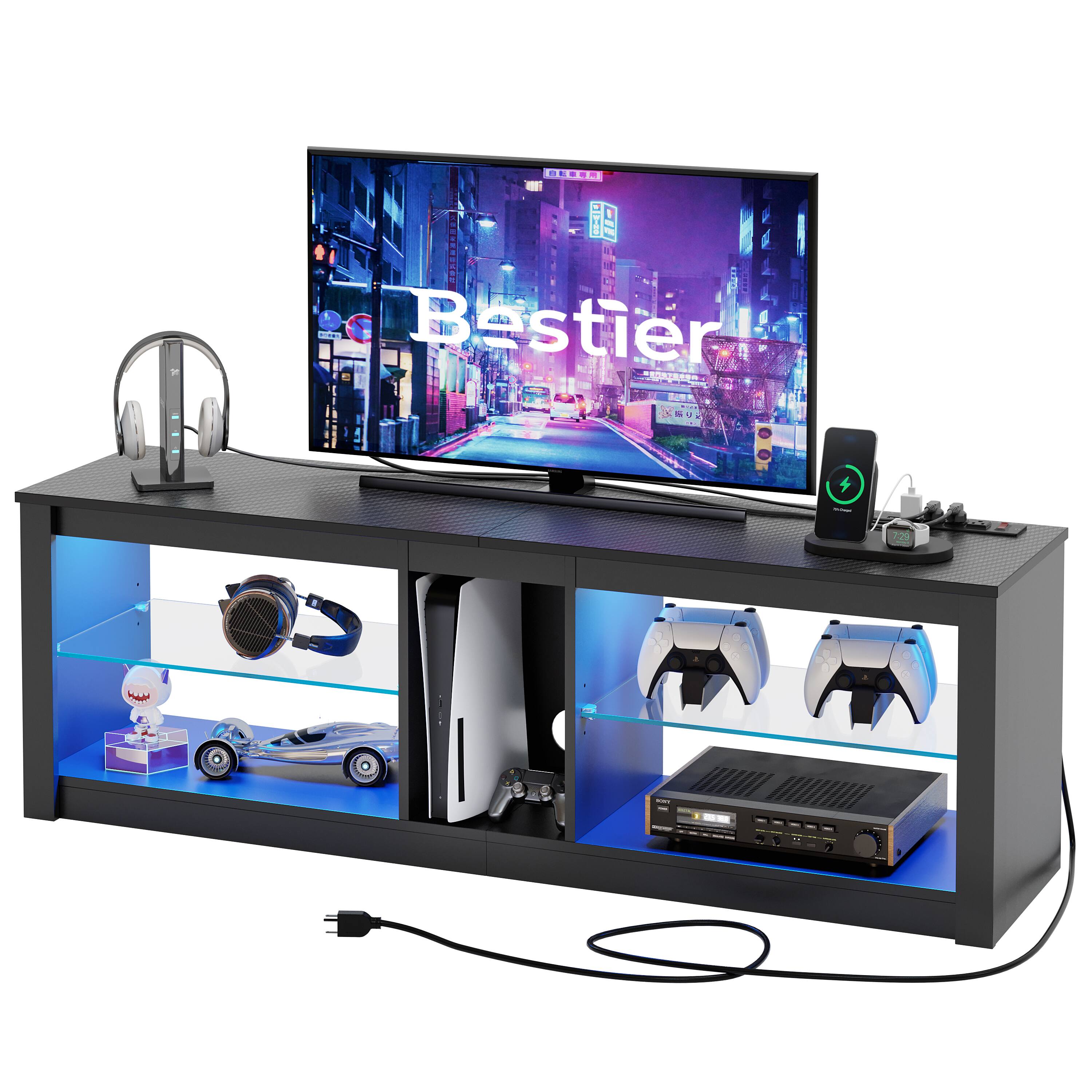 Bestier - TV Stand with Power Outlets and Storage, LED Entertainment Center for TVs up to 60inch - Black