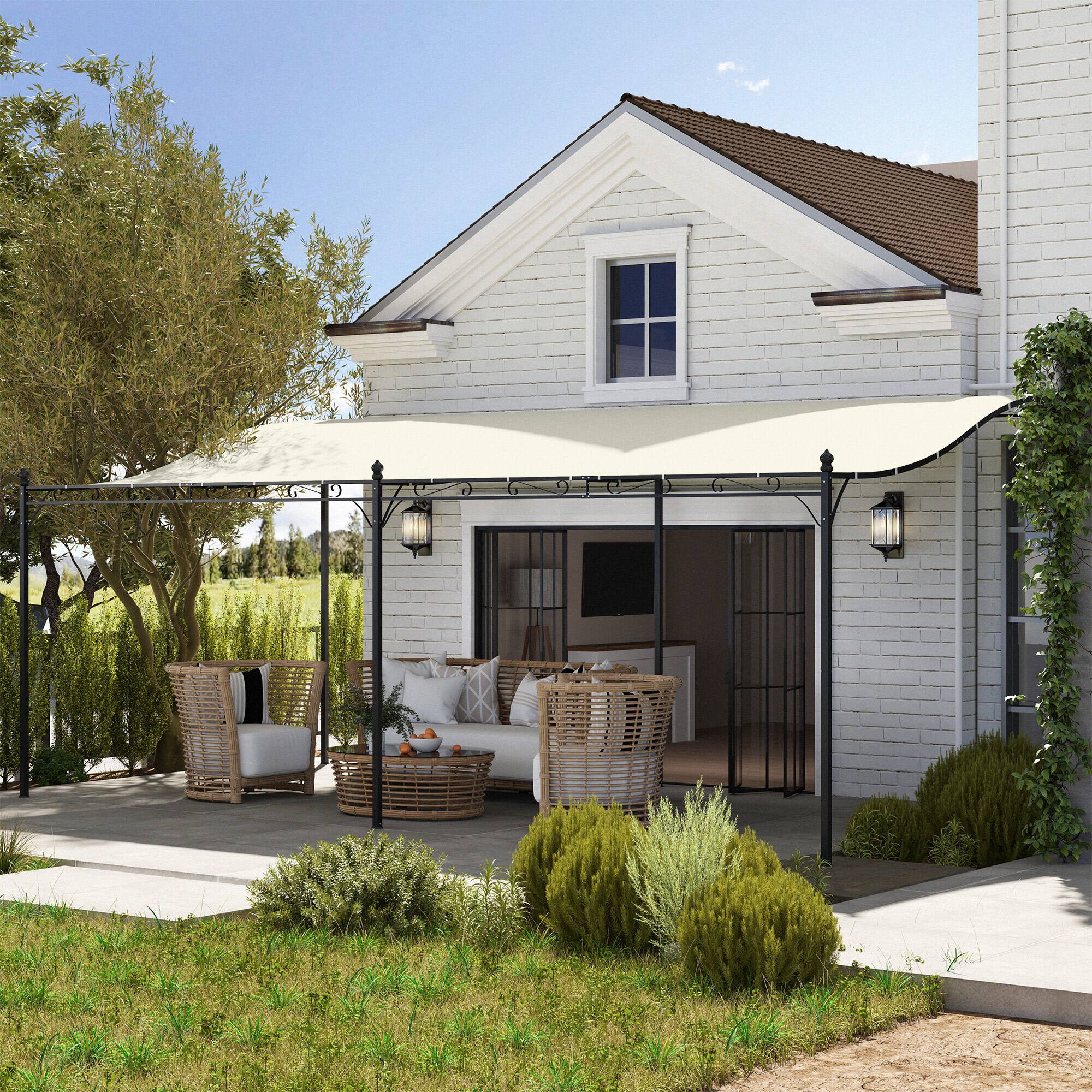 Angle. Outsunny - 10' x 19' Outdoor Pergola Canopy, Wall-Mounted Metal Patio Canopy with Weather-Resistant Fabric - Cream White.