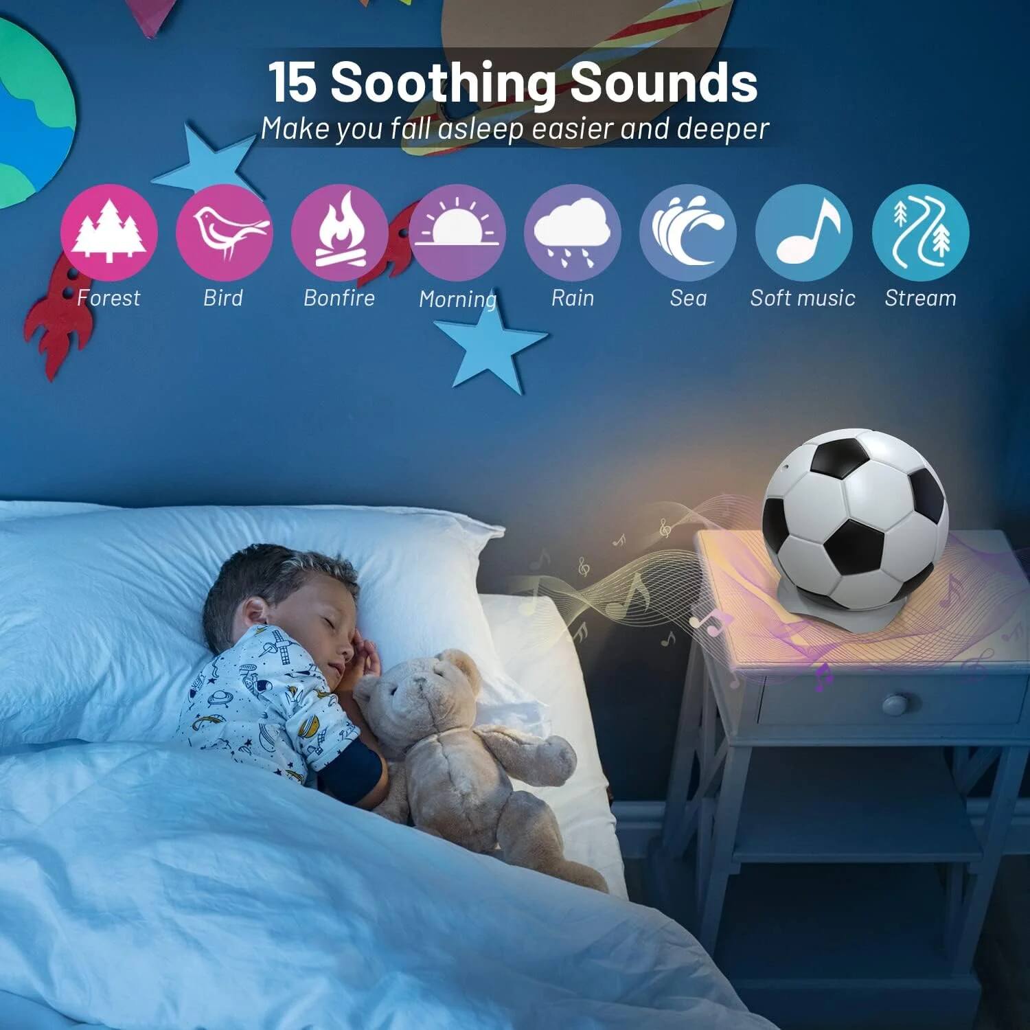 15 Soothing Sounds  
Make you fall asleep easier and deeper  

Forest  
Bird  
Bonfire  
Morning  
Rain  
Sea  
Soft music  
Stream