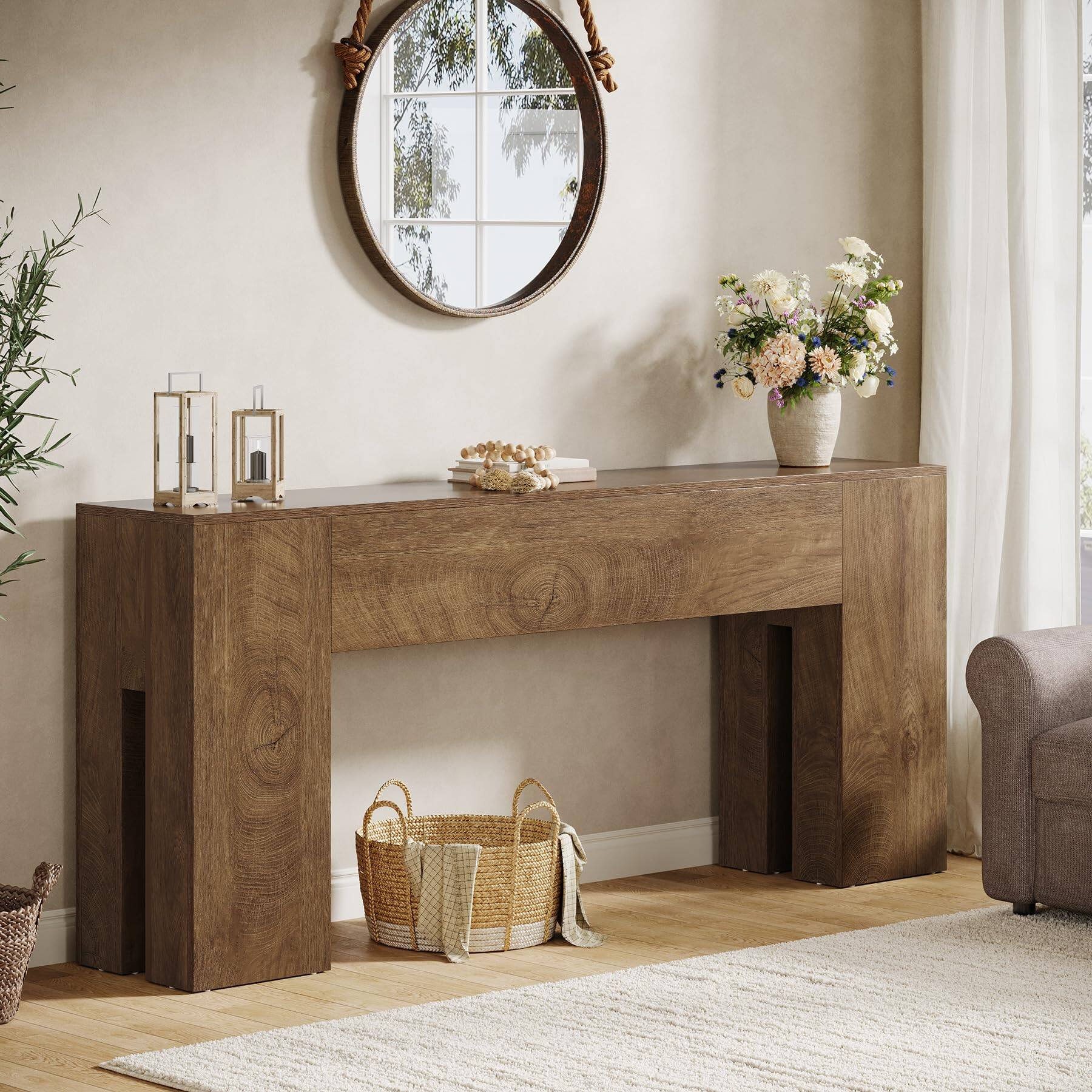 Left. Tribesigns - 71-Inch Long Console Table for Entryway, Farmhouse Sofa Console Behind Couch, Entry Table for Hallway, Foyer, Living Roo - Oak.