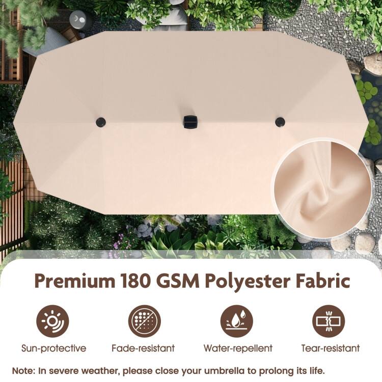 Premium 180 GSM Polyester Fabric  
Sun-protective  
Fade-resistant  
Water-repellent  
Tear-resistant  

Note: In severe weather, please close your umbrella to prolong its life.