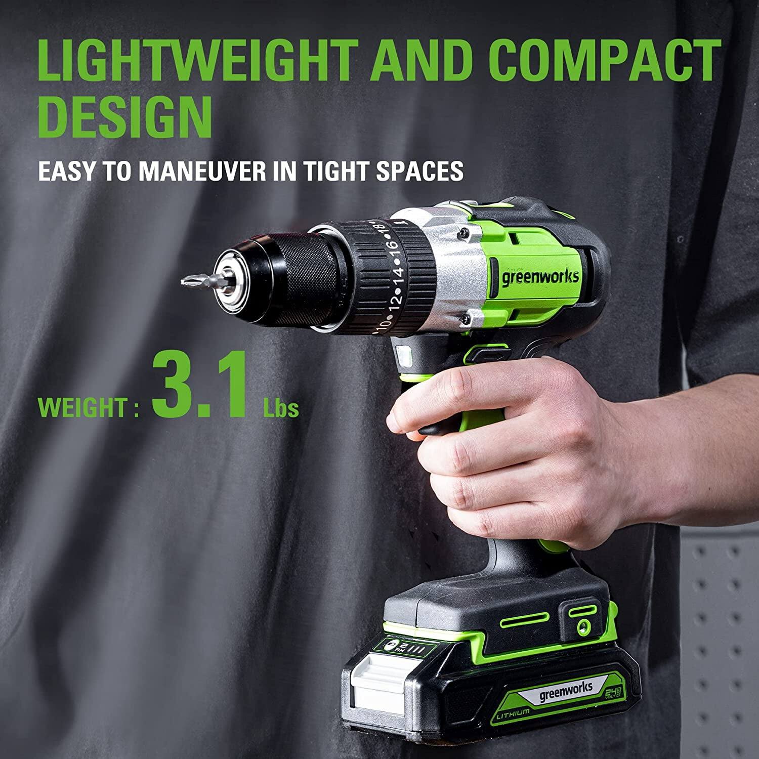 LIGHTWEIGHT AND COMPACT DESIGN  
EASY TO MANEUVER IN TIGHT SPACES  

WEIGHT: 3.1 Lbs  

greenworks  
LITHIUM