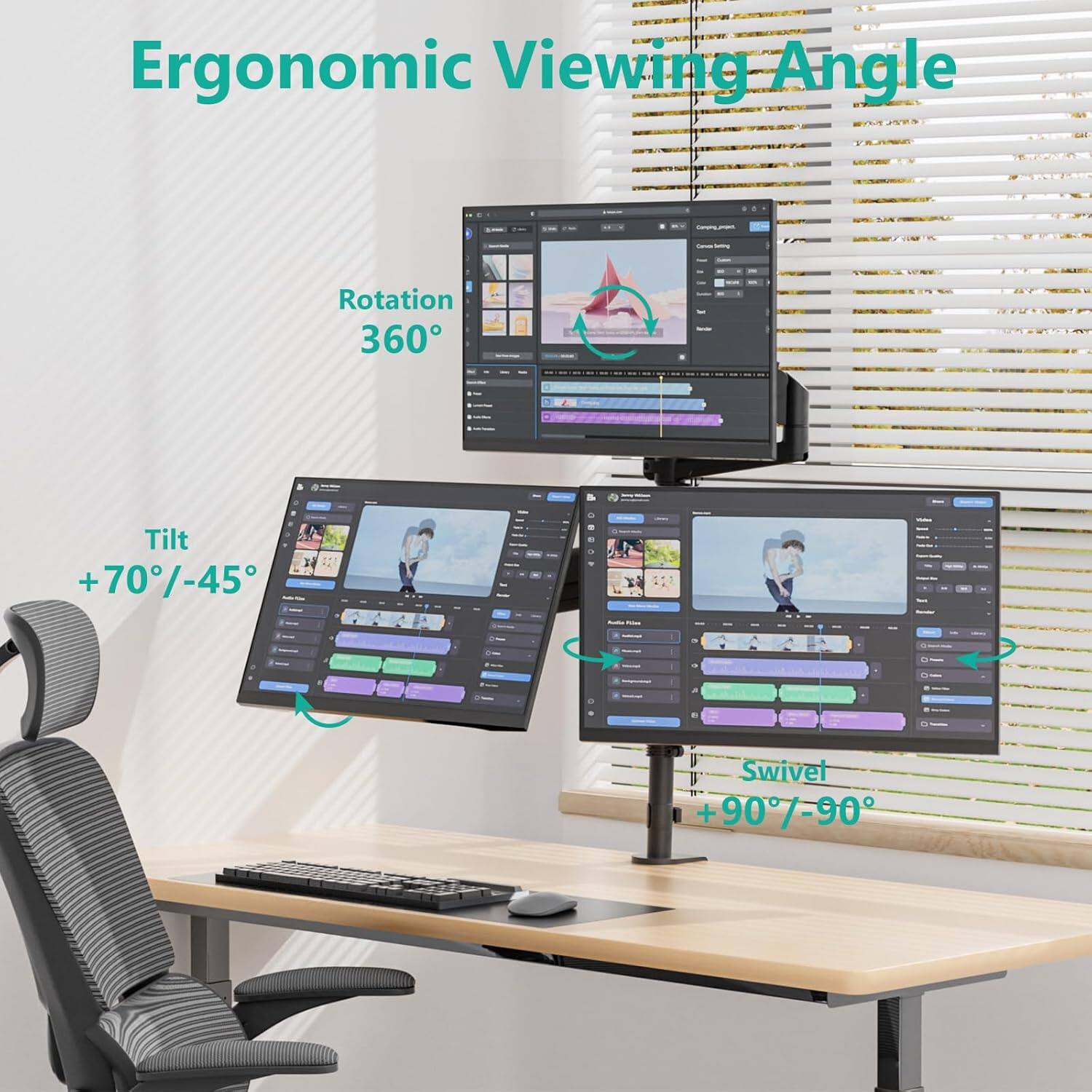 Ergonomic Viewing Angle

- Rotation: 360°
- Tilt: +70°/-45°
- Swivel: +90°/-90°