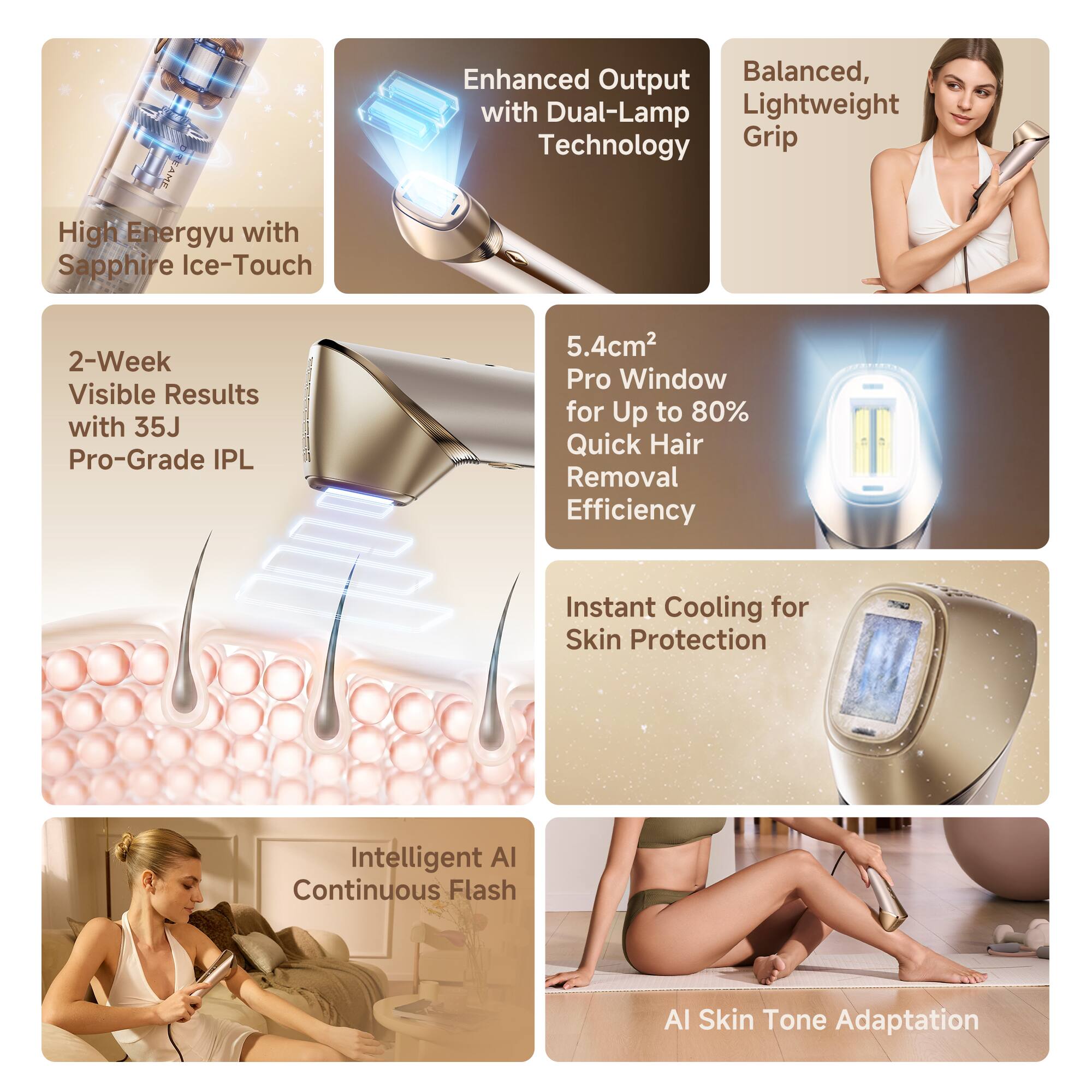 - High Energy with Sapphire Ice-Touch
- Enhanced Output with Dual-Lamp Technology
- Balanced, Lightweight Grip
- 2-Week Visible Results with 35J Pro-Grade IPL
- 5.4cm² Pro Window for Up to 80% Quick Hair Removal Efficiency
- Instant Cooling for Skin Protection
- Intelligent AI Continuous Flash
- AI Skin Tone Adaptation