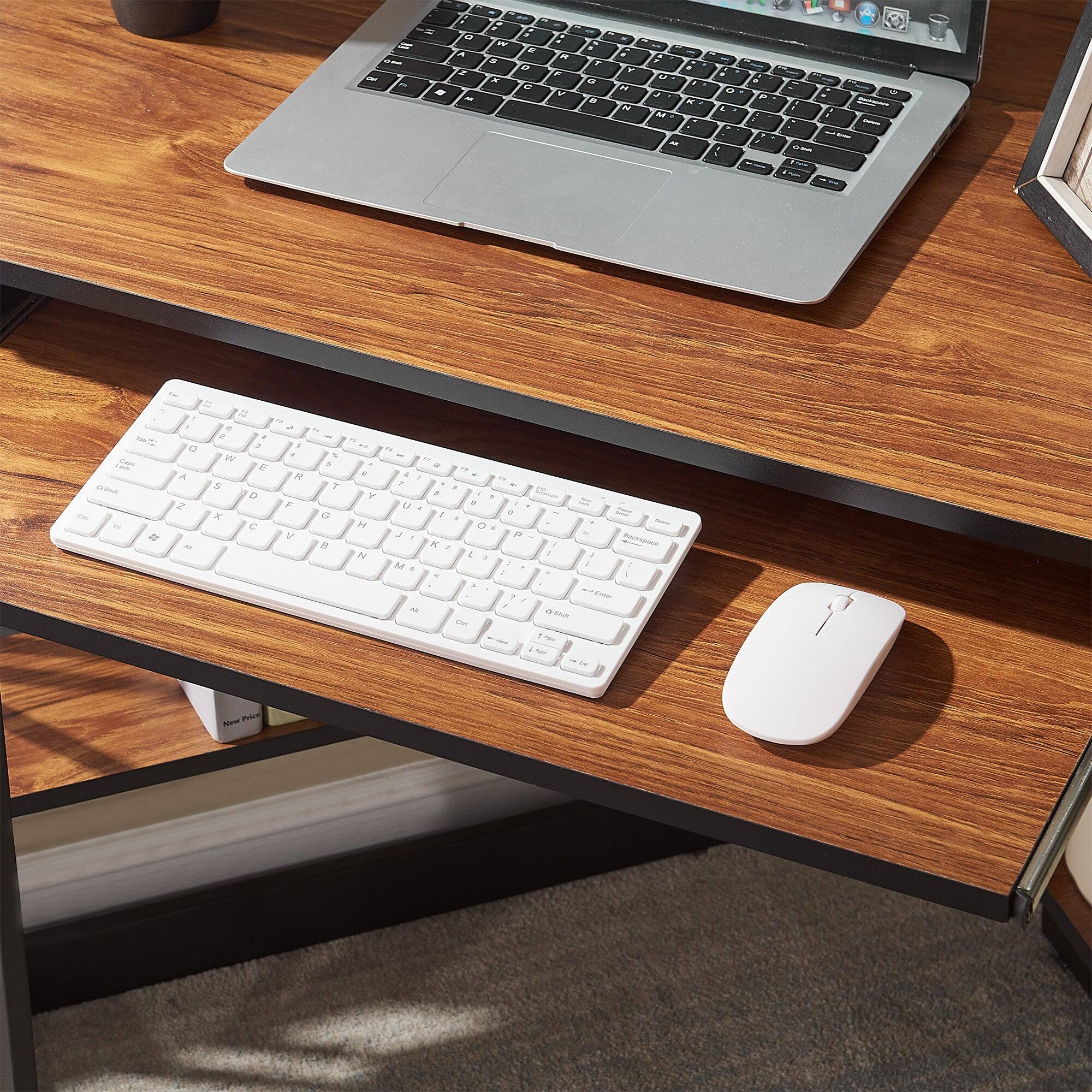 Alt View 2. Vecelo - 41" Corner Computer Desk with Keyboard Tray & Storage Shelf - Triangle Space Saving Design, Metal Frame for Home Office - Teak Brown.