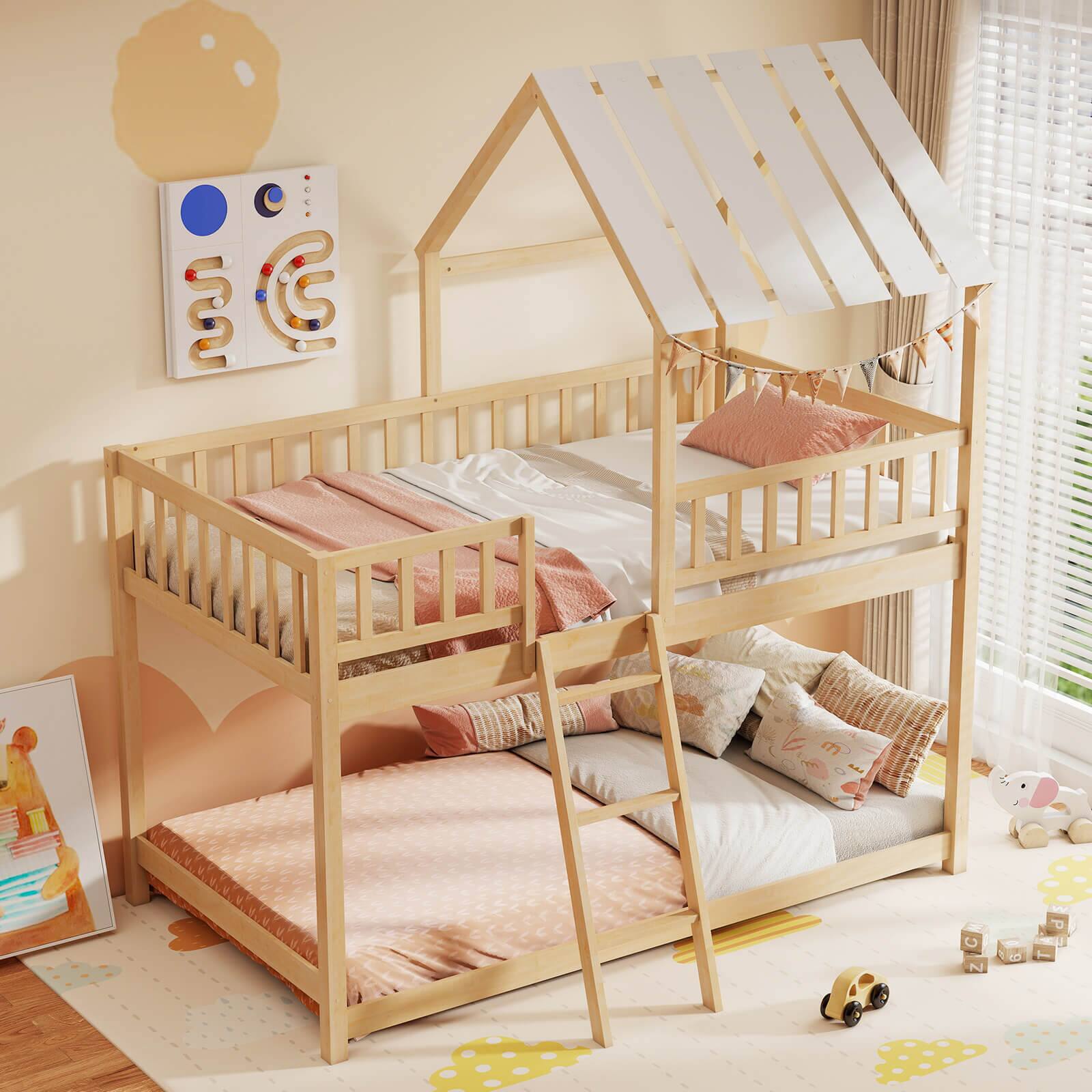 Alt View 5. Costway - Costway Twin Over Twin House Bunk Bed with Roof, Ladder & Full-length Guardrails for Kids - Natural.