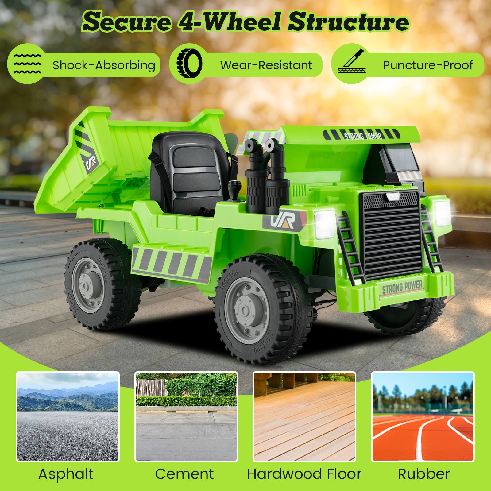 Secure 4-Wheel Structure

- Shock-Absorbing
- Wear-Resistant
- Puncture-Proof

Asphalt  
Cement  
Hardwood Floor  
Rubber