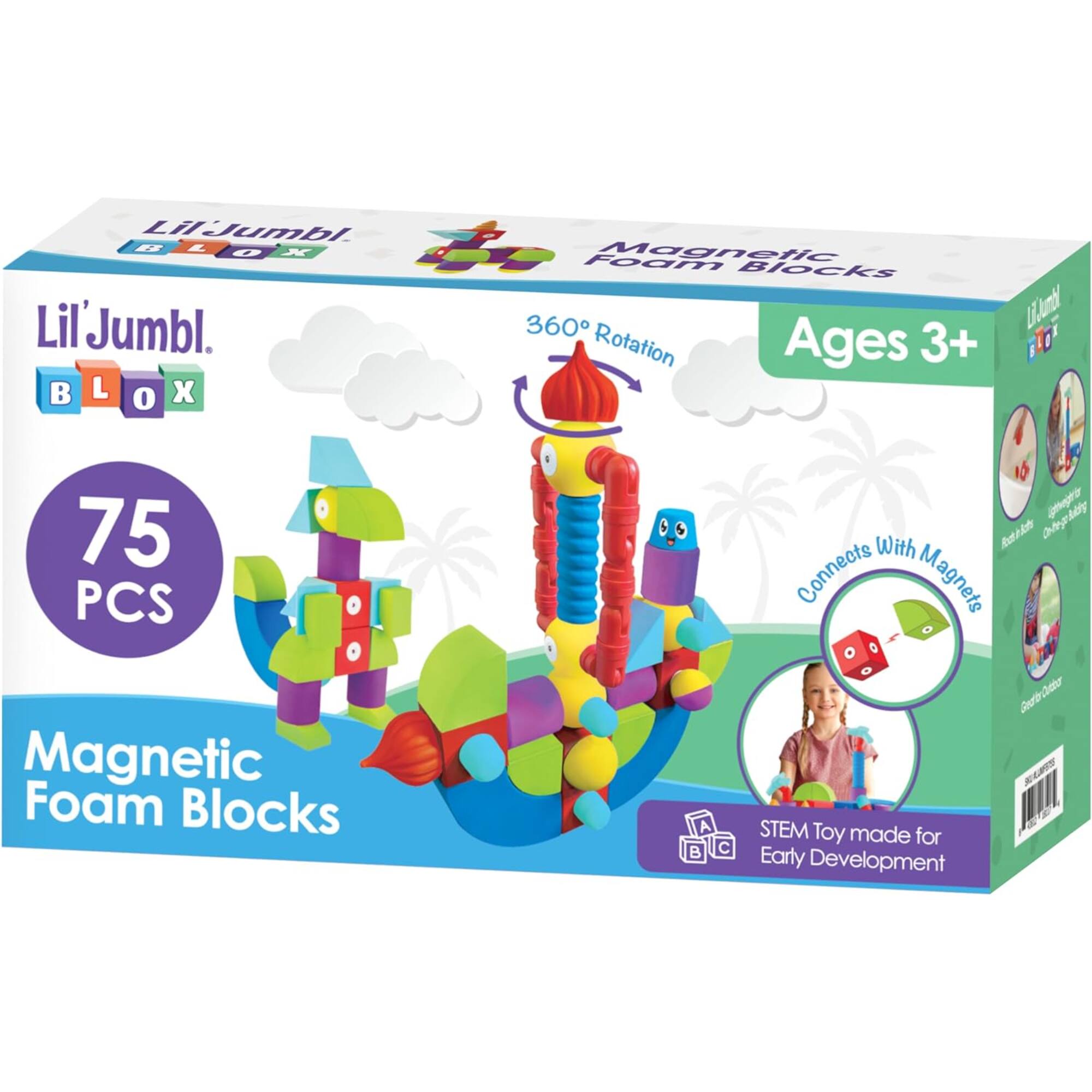 Lil'Jumbl. BLOX Magnetic Foam Blocks 360° Rotation Ages 3+ 75 PCS Connects with Magnets STEM Toy made for Early Development