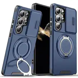 UUCOVER - For Samsung Galaxy S24 Ultra Magnetic Case with Slide Camera Lens Cover and Rotatable Ring Stand, Drop Protection Shell - Blue
