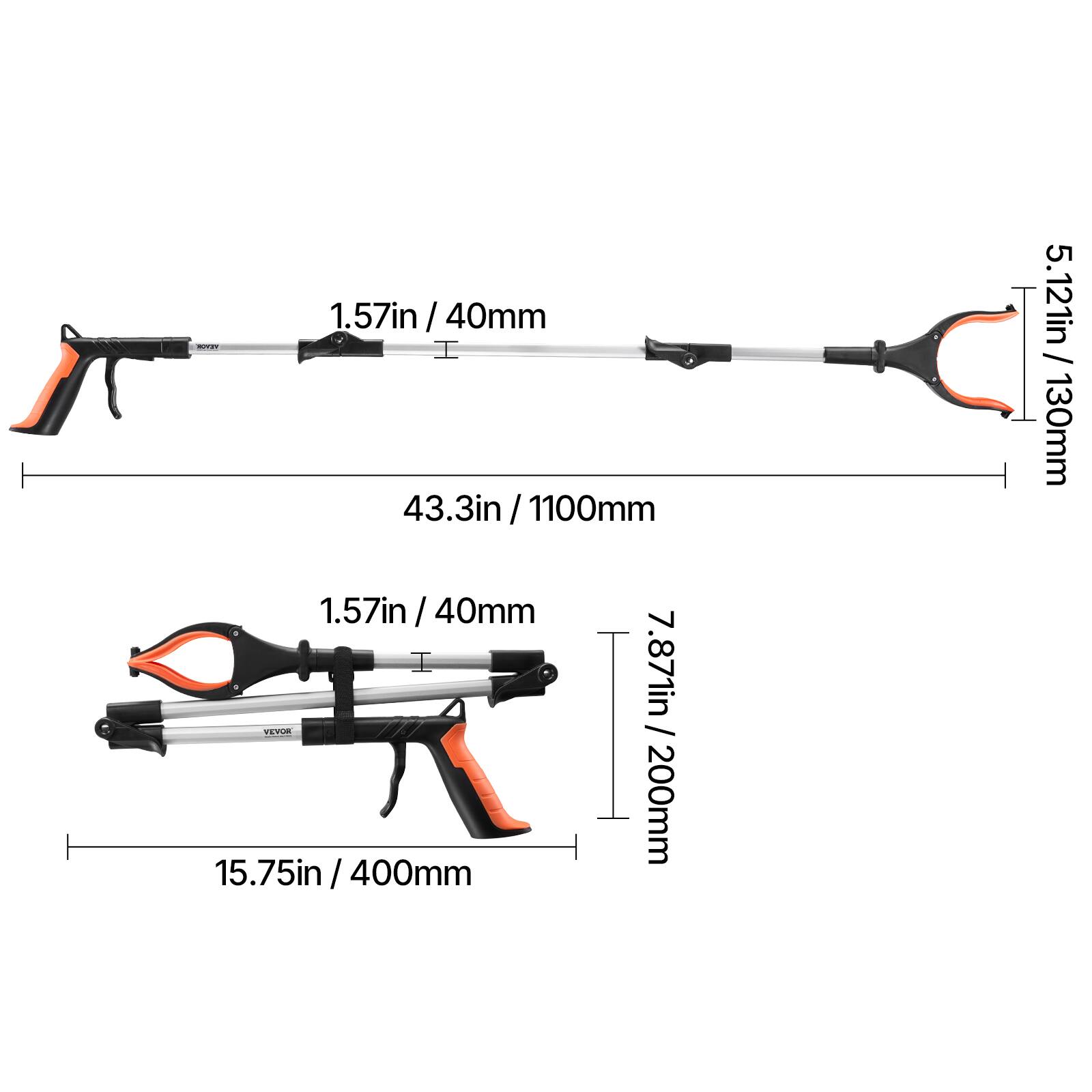 1.57in / 40mm  
43.3in / 1100mm  
1.57in / 40mm  
7.87in / 200mm  
5.12in / 130mm  
15.75in / 400mm  
YEVOR