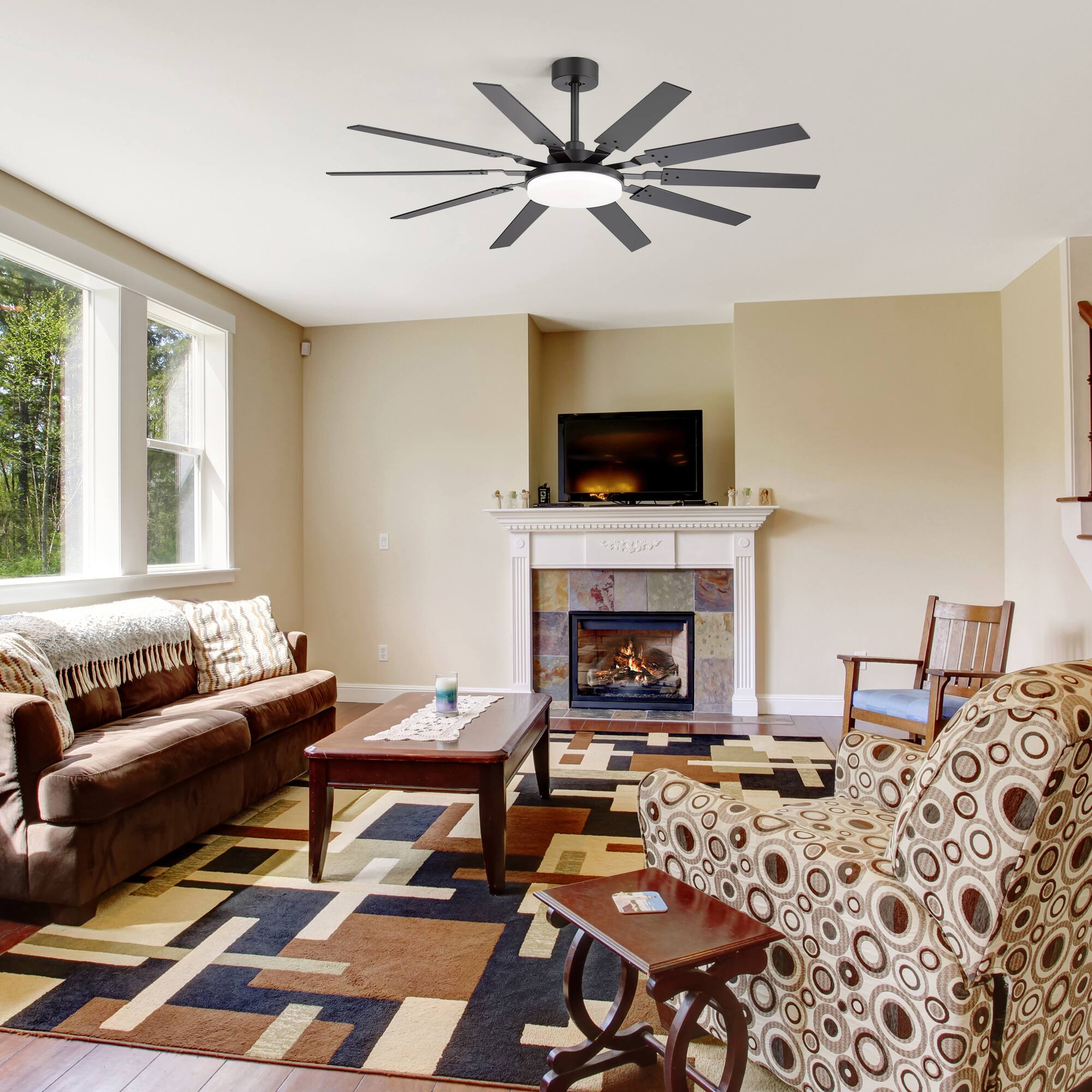 Alt View 2. Breezary - 60-In Indoor Ceiling Fan with 10 Plywood Blades, DC Motor, 3-Color LED Light, Remote & 5"/10" Downrods, Timer - Matte Black.