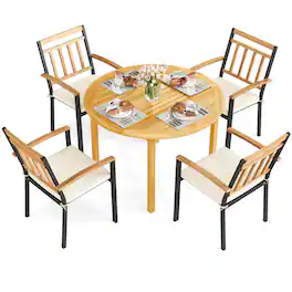 Costway - Coatway 5 Pieces Outdoor Acacia Wood Dining Set with Cushions for Porch, Balcony, Garden - Natural,Black