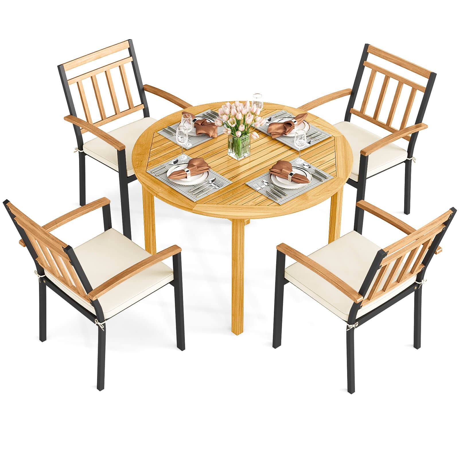 Front. Costway - Coatway 5 Pieces Outdoor Acacia Wood Dining Set with Cushions for Porch, Balcony, Garden - Natural,Black.