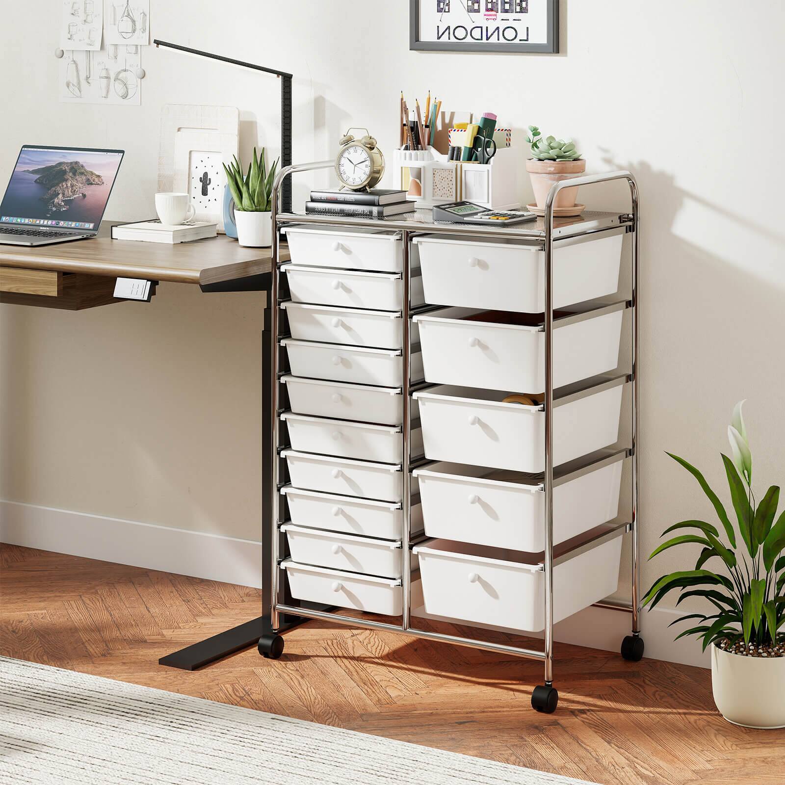 Alt View 1. Costway - Costway 15-Drawer Trolley with Chrome Plated Metal Frame & Lockable Universal Wheels - White.