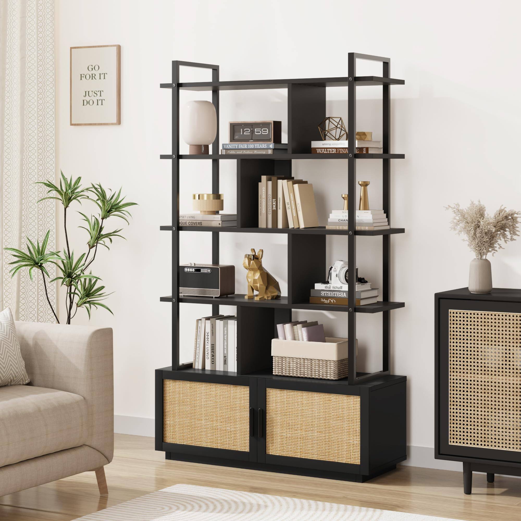 Jojoka - 5-Tier Rattan Bookshelf with Storage Cabinet, 71" Industrial Wood & Metal Bookcase with Doors and Open Shelves - Black