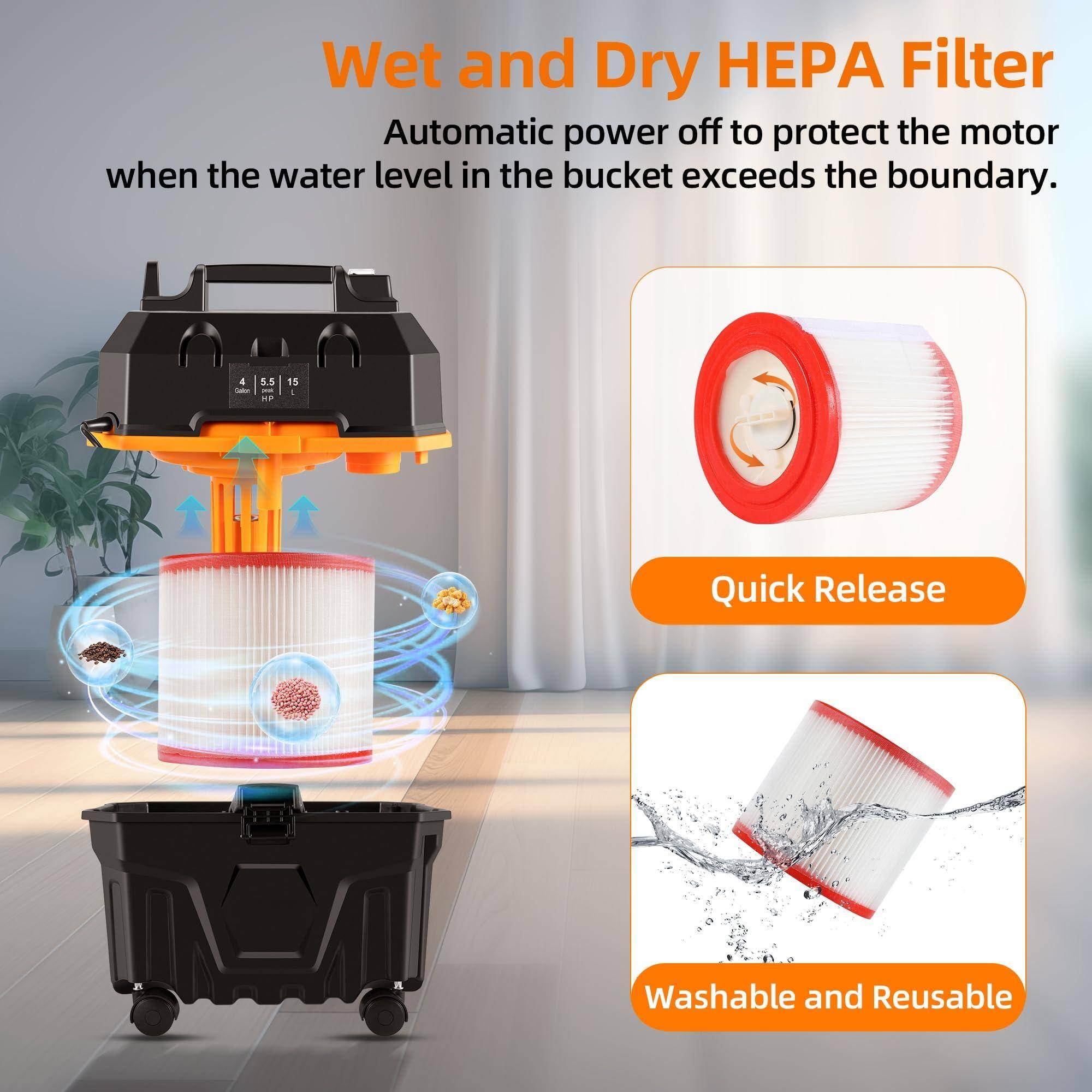 Wet and Dry HEPA Filter  
Automatic power off to protect the motor when the water level in the bucket exceeds the boundary.  

Quick Release  
Washable and Reusable