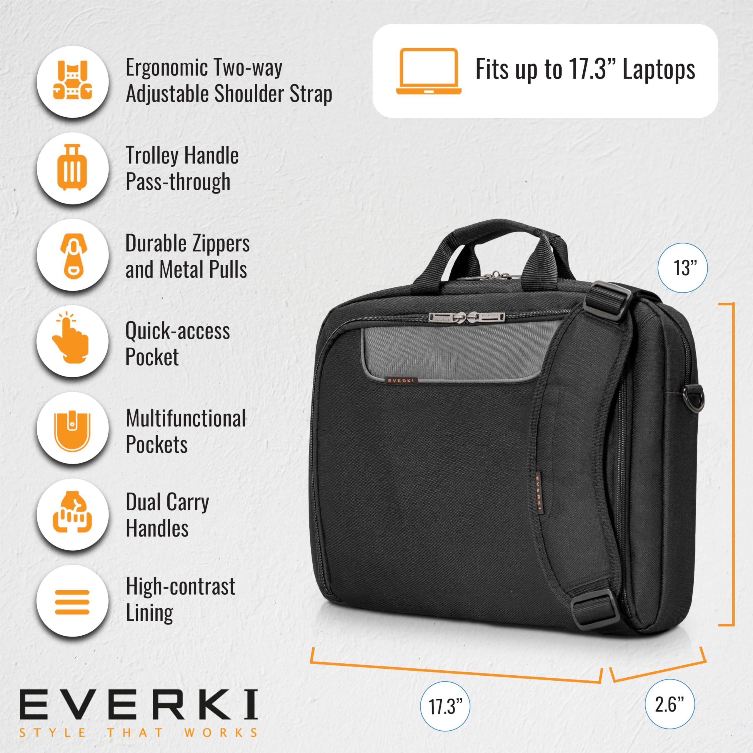 Ergonomic Two-way Adjustable Shoulder Strap  
Fits up to 17.3" Laptops  
Trolley Handle Pass-through  
Durable Zippers and Metal Pulls  
13" Quick-access Pocket  
Multifunctional Pockets  
Dual Carry Handles  
High-contrast Lining  

EVERKI  
STYLE THAT WORKS  

17.3"  
2.6"