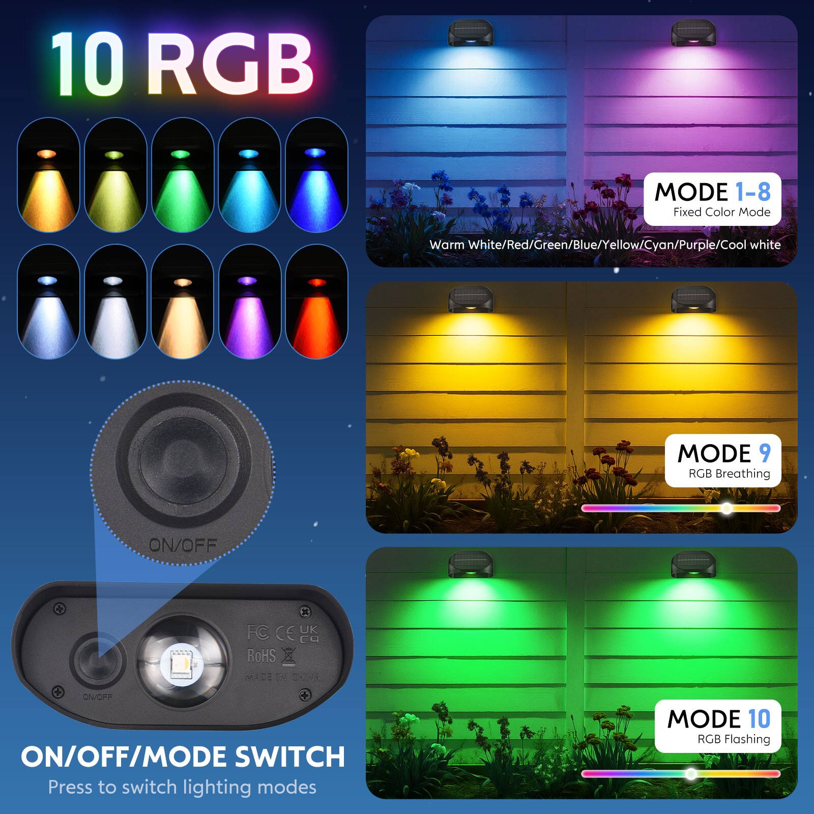10 RGB MODE 1-8 Fixed Color Mode Warm White/Red/Green/Blue/Yellow/Cyan/Purple/Cool White  
MODE 9 RGB Breathing ON/OFF  
MODE 10 RGB Flashing  

ON/OFF/MODE SWITCH  
Press to switch lighting modes  

FC CE UK RoHS MADE IN CHINA