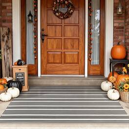 Reds Spade - And Khaki Striped Fall Outdoor Rug Ft Washable Cotton Woven Patio Reversible Foldable Front Porch Decor Ind - Black White Striped-2'4" x 3'7" (Rectangular)