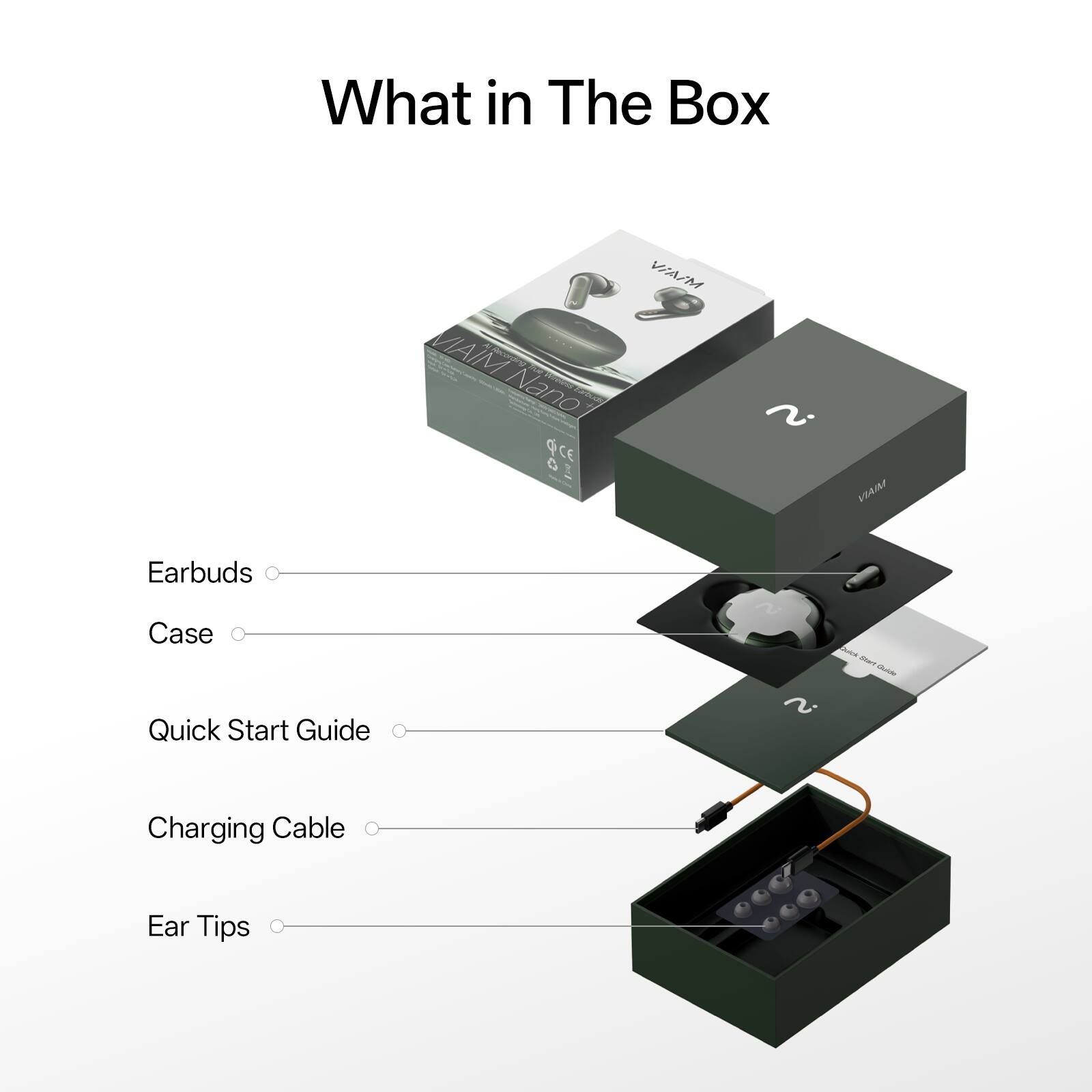 What in The Box

- Earbuds
- Case
- Quick Start Guide
- Charging Cable
- Ear Tips