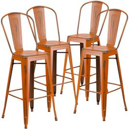 Emma + Oliver - Commercial Grade 4 Pack 30" High Distressed Metal Indoor-Outdoor Barstool with Back - Orange
