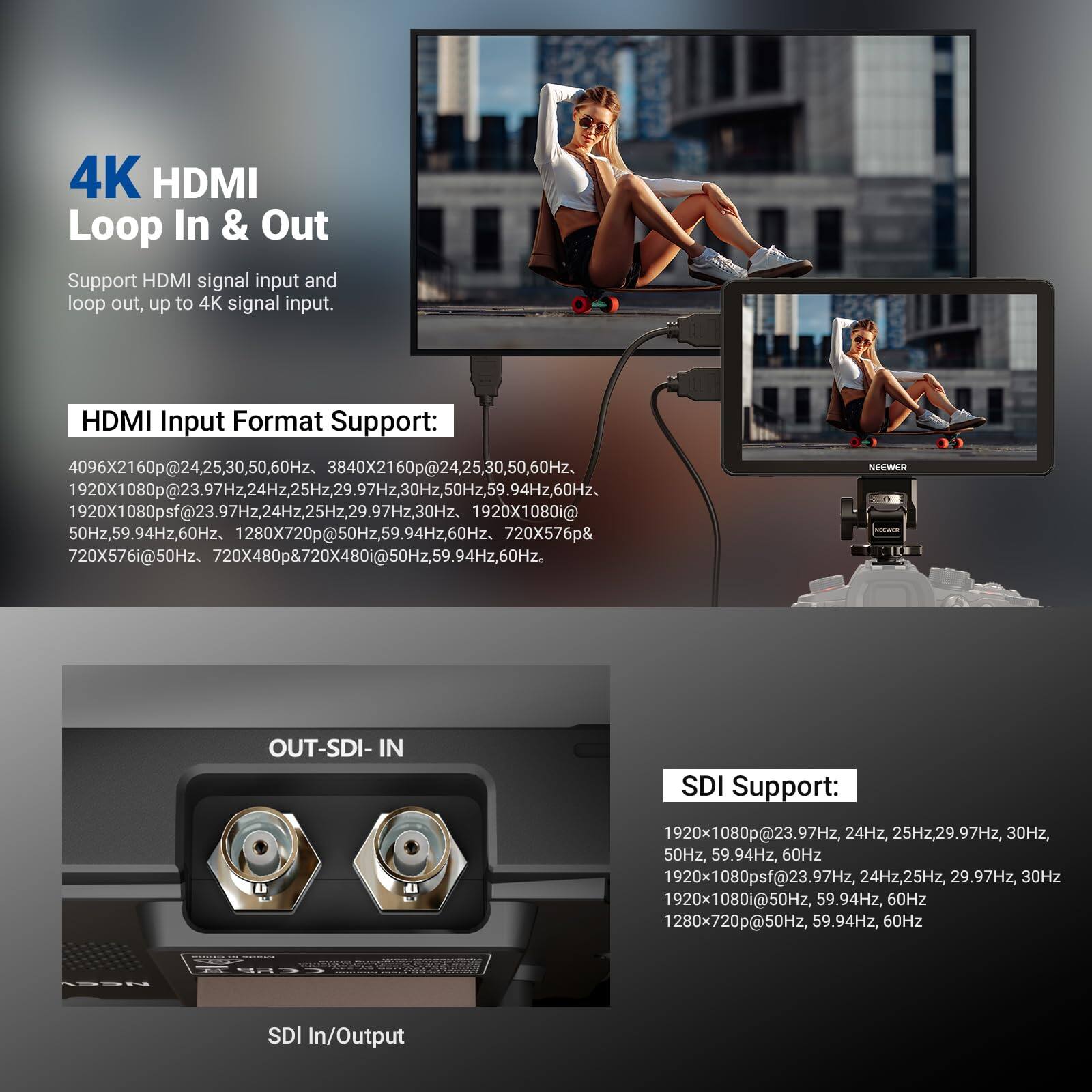 4K HDMI Loop In & Out

Support HDMI signal input and loop out, up to 4K signal input.

HDMI Input Format Support:
4096X2160p@24,25,30,50,60Hz
3840X2160p@24,25,30,50,60Hz
1920X1080p@23.97Hz,24Hz,25Hz,29.97Hz,30Hz,50Hz,59.94Hz,60Hz
1920X1080psf@23.97Hz,24Hz,25Hz,29.97Hz,30Hz
1920X1080i@50Hz,59.94Hz,60Hz
1280X720p@50Hz,59.94Hz,60Hz
720X576p&720X576i@50Hz
720X480p&