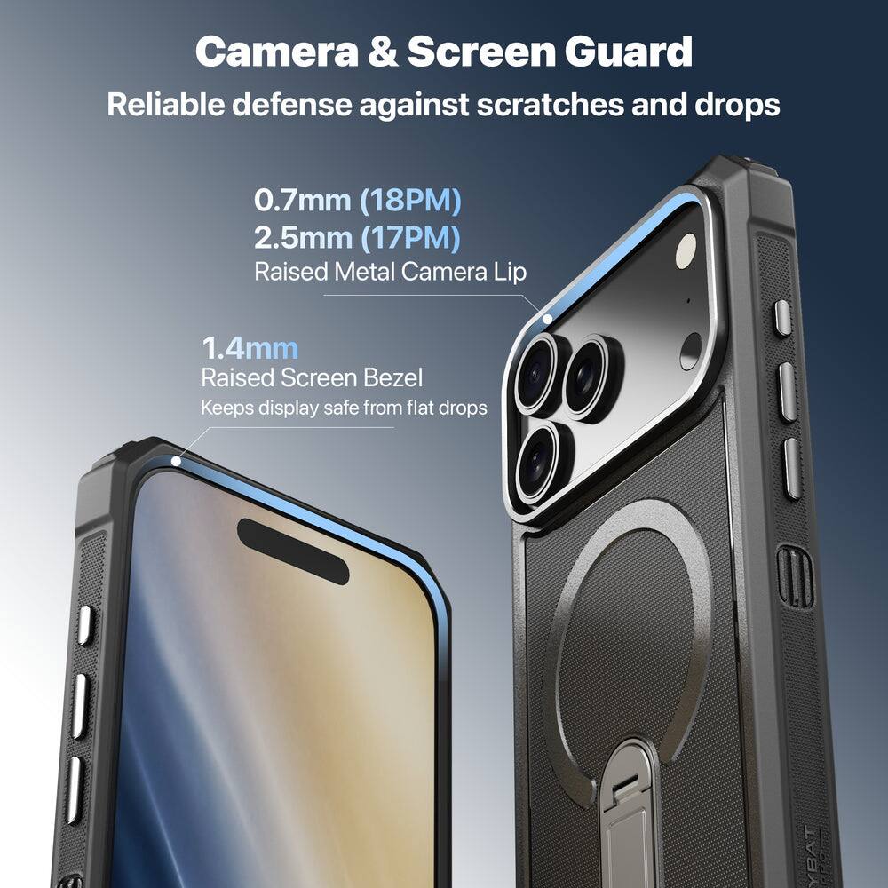 Camera & Screen Guard  
Reliable defense against scratches and drops  

0.7mm (18PM)  
2.5mm (17PM) Raised Metal Camera Lip  

1.4mm Raised Screen Bezel  
Keeps display safe from flat drops