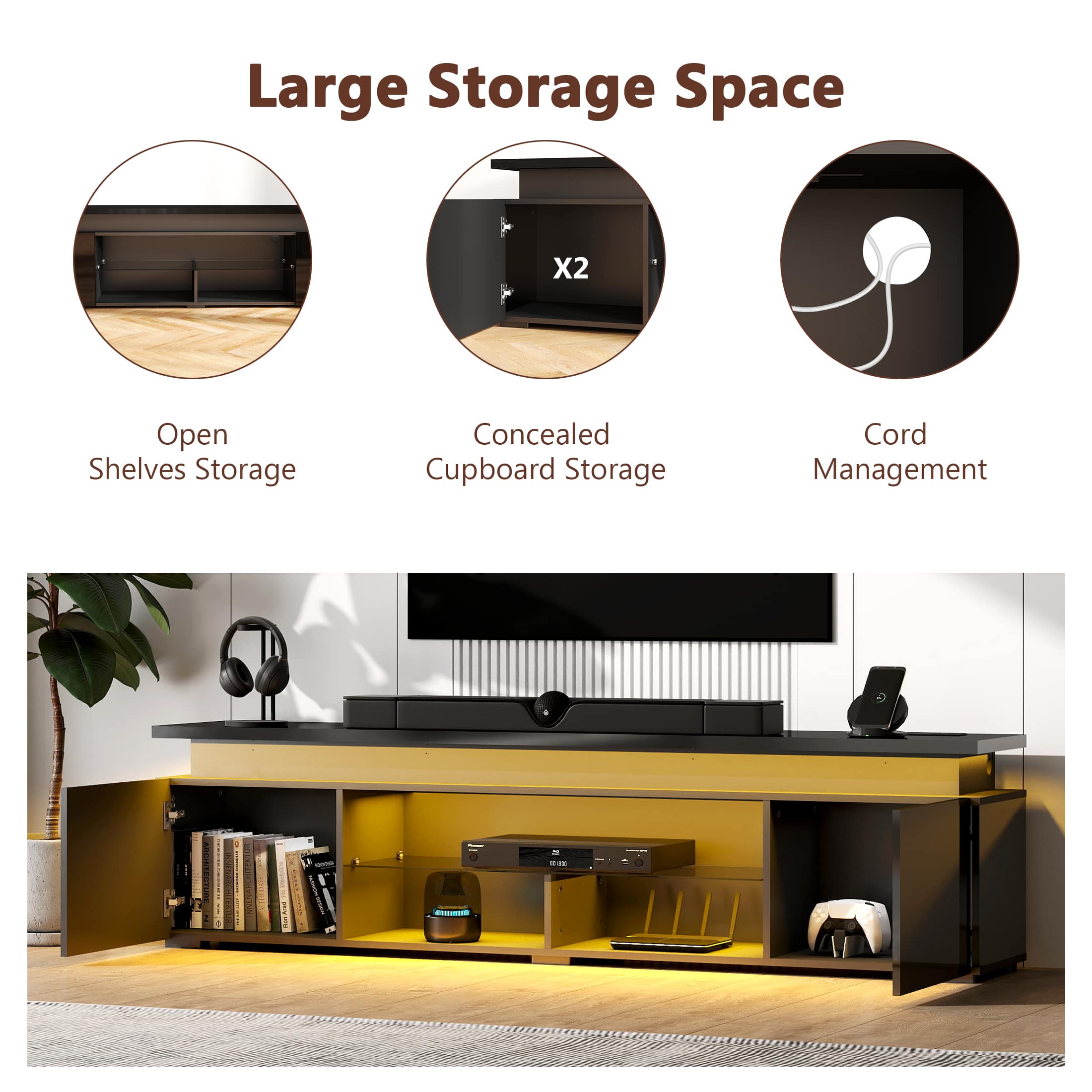 Large Storage Space, Open Shelves Storage, Concealed Cupboard Storage, Cord Management