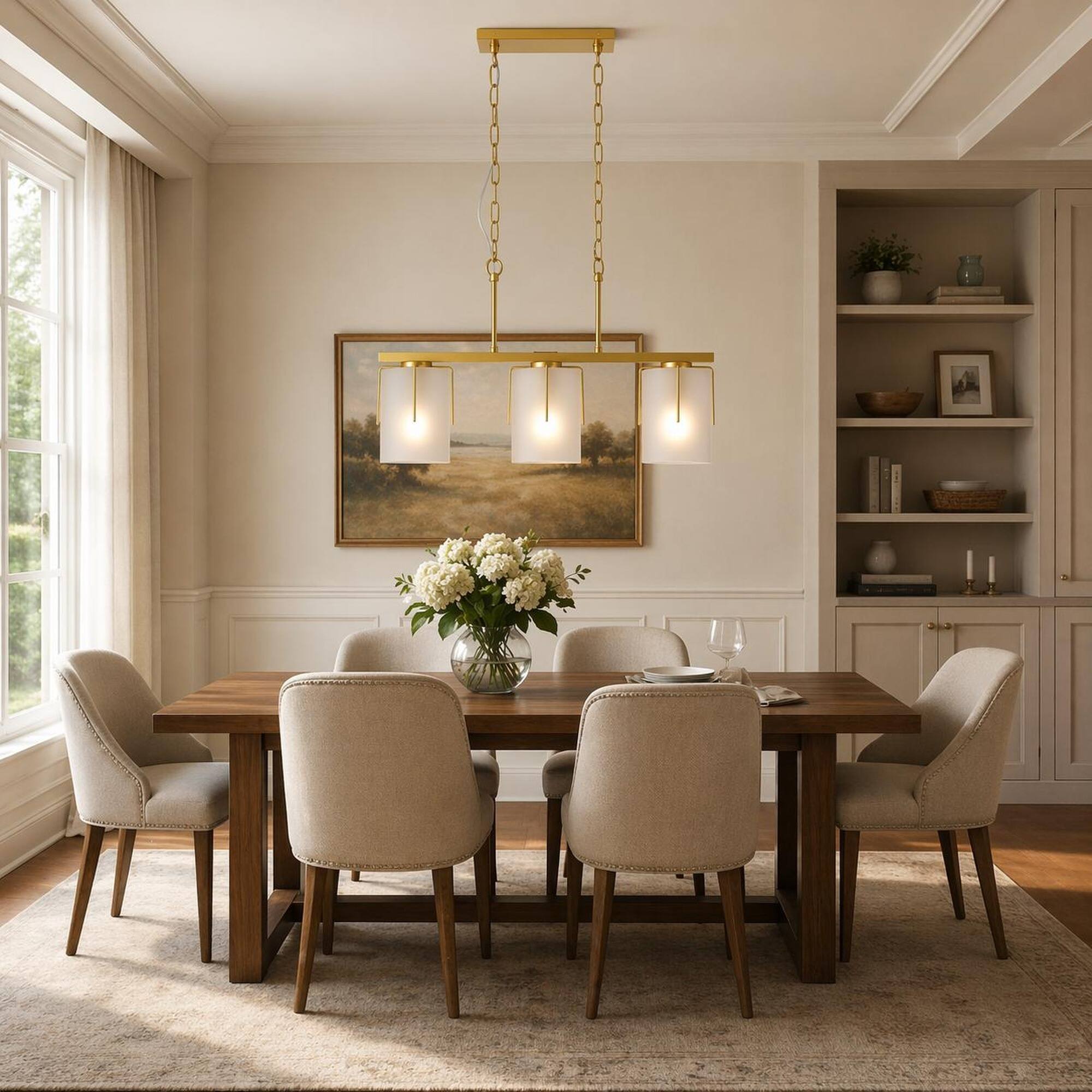 Back. RYHNUYNE - Modern Gold 3-Light Linear Chandelier with Frosted Glass Shades, Dining Room Lighting for Kitchen Island & Dining Room - Gold.
