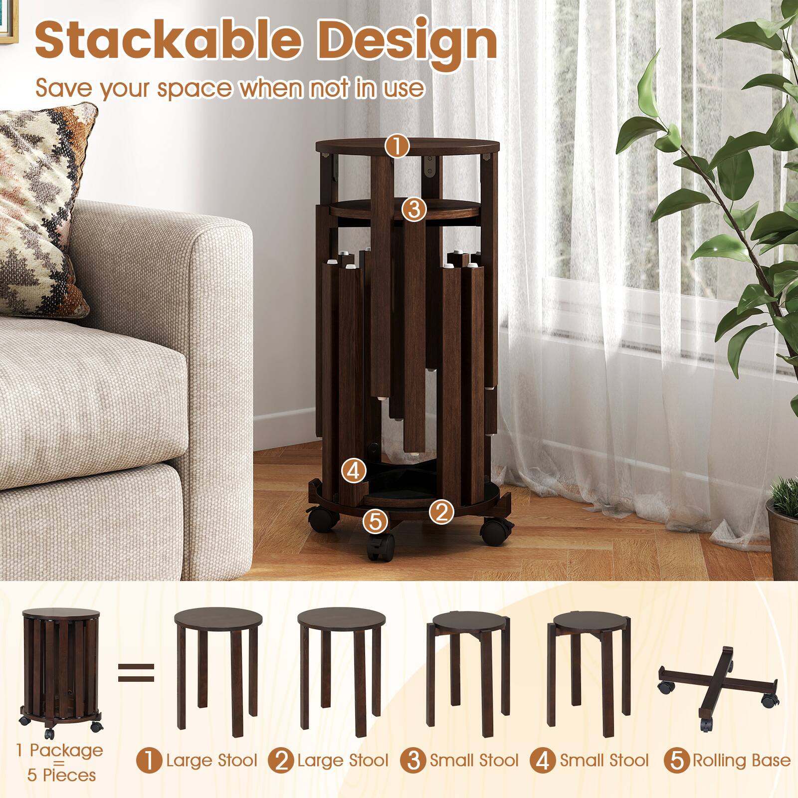 Stackable Design  
Save your space when not in use  

1 Package = 5 Pieces  
1 Large Stool  
2 Large Stool  
3 Small Stool  
4 Small Stool  
5 Rolling Base