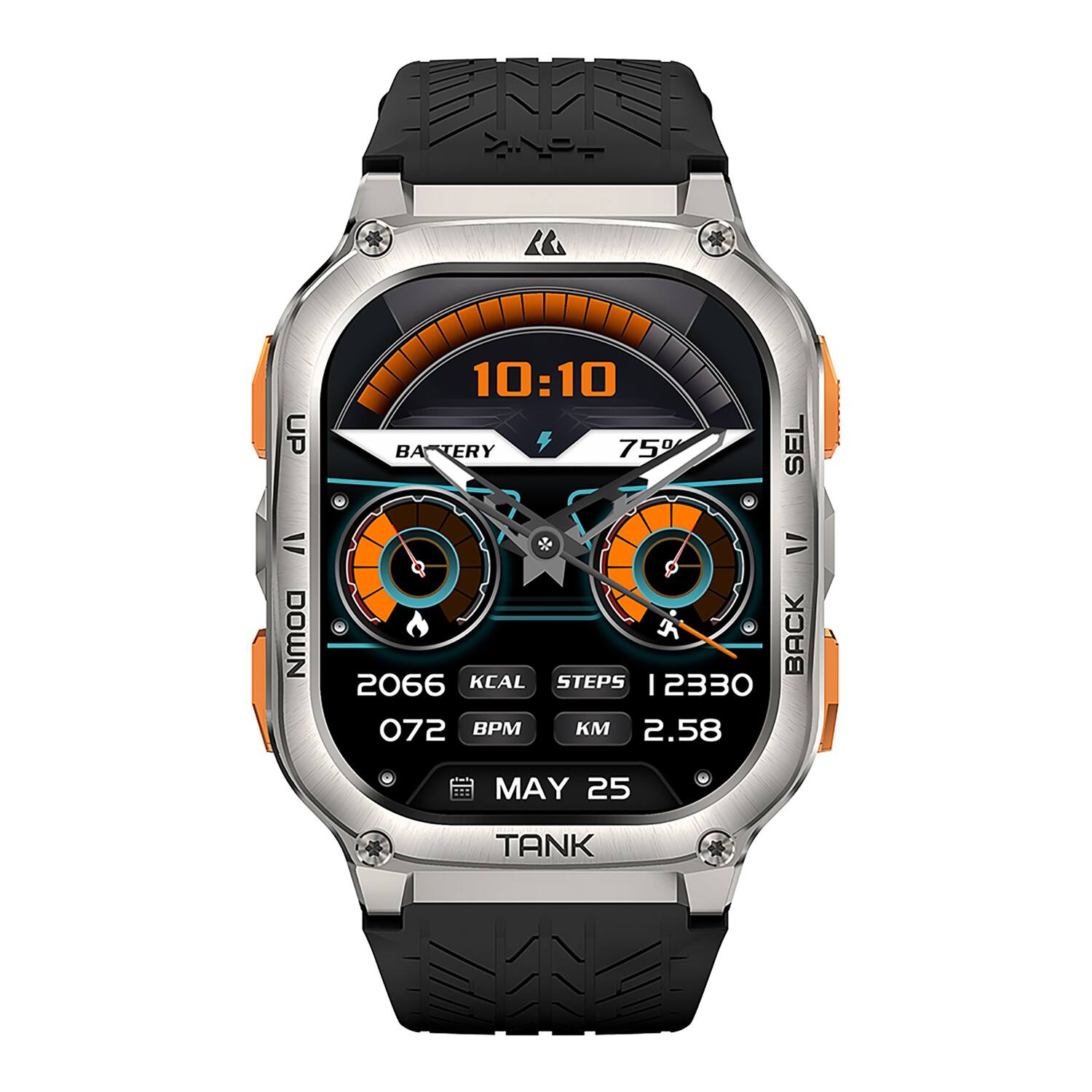 10:10  
BATTERY 75%  
SEL  
2066 KCAL  
12330 STEPS  
072 BPM  
2.58 KM  
MAY 25  
TANK