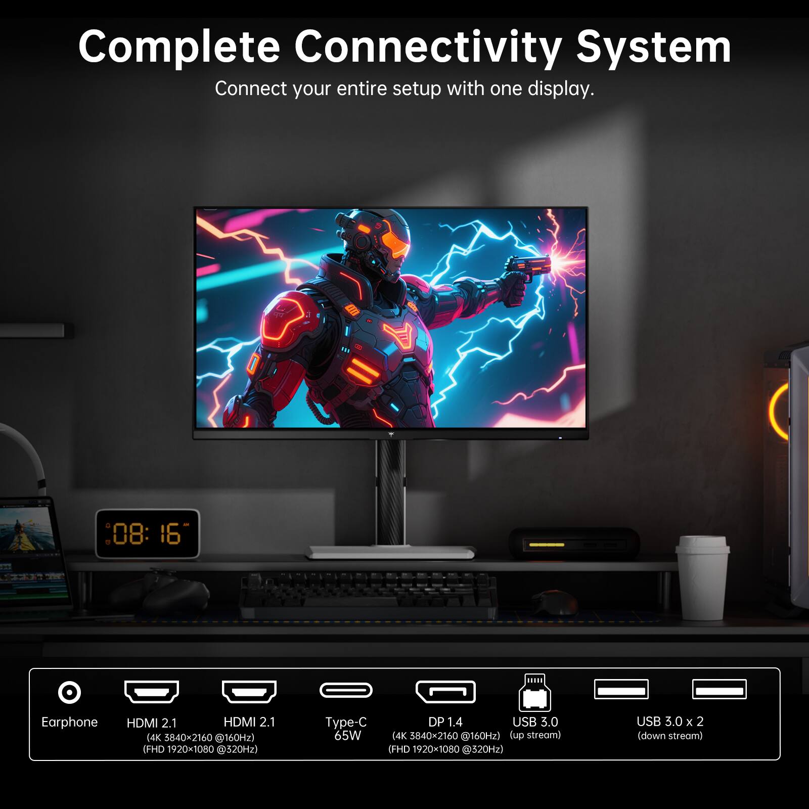 Complete Connectivity System  
Connect your entire setup with one display.

08:18

Earphone  
HDMI 2.1 (4K 3840x2160 @160Hz) (FHD 1920x1080 @320Hz)  
Type-C 65W  
DP 1.4 (4K 3840x2160 @160Hz) (up stream) (FHD 1920x1080 @320Hz)  
USB 3.0 x 2 (down stream)
