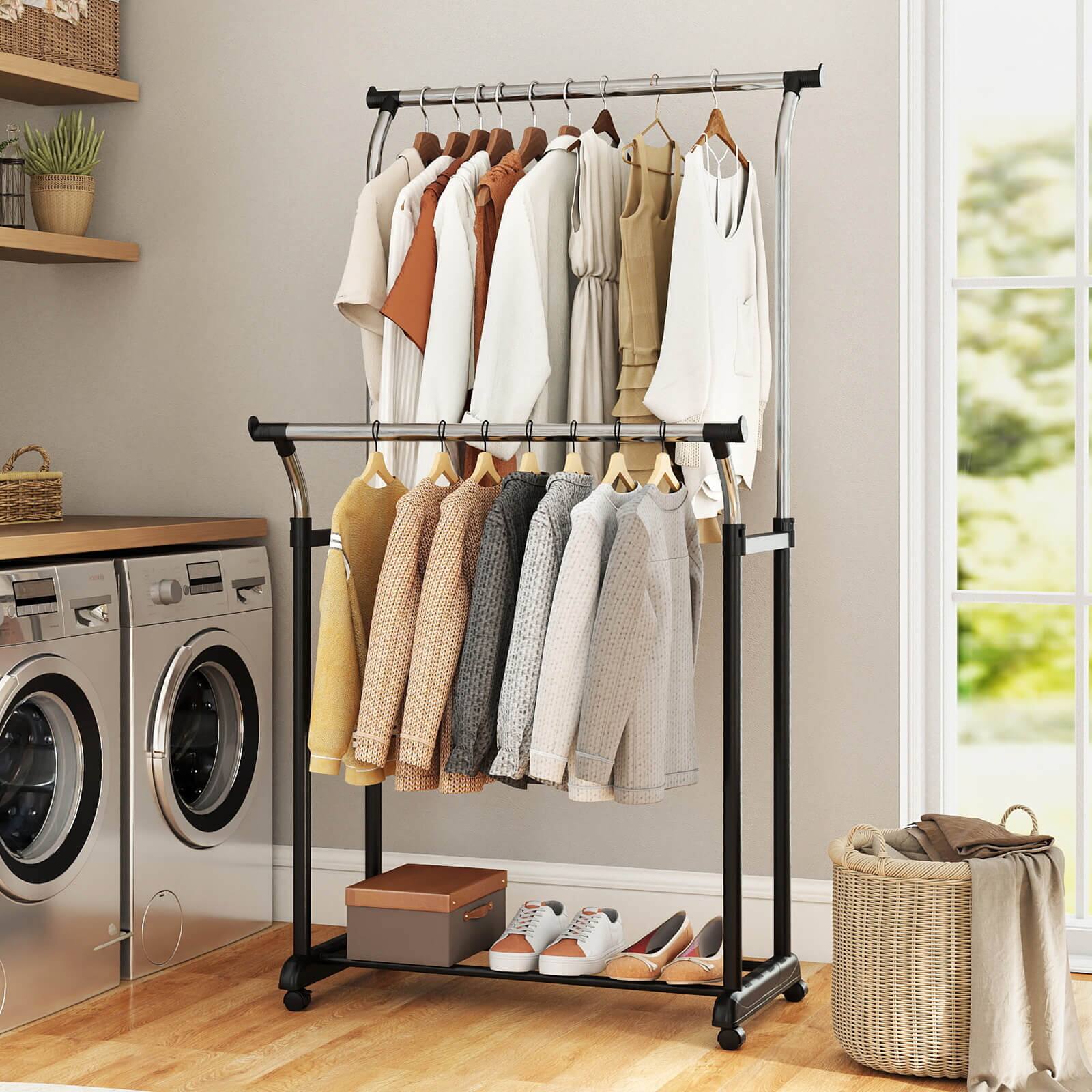 Alt View 4. Costway - Costway Rolling Clothes Rack with Adjustable Height, Heavy-Duty Metal Rack for Laundry - Silver.