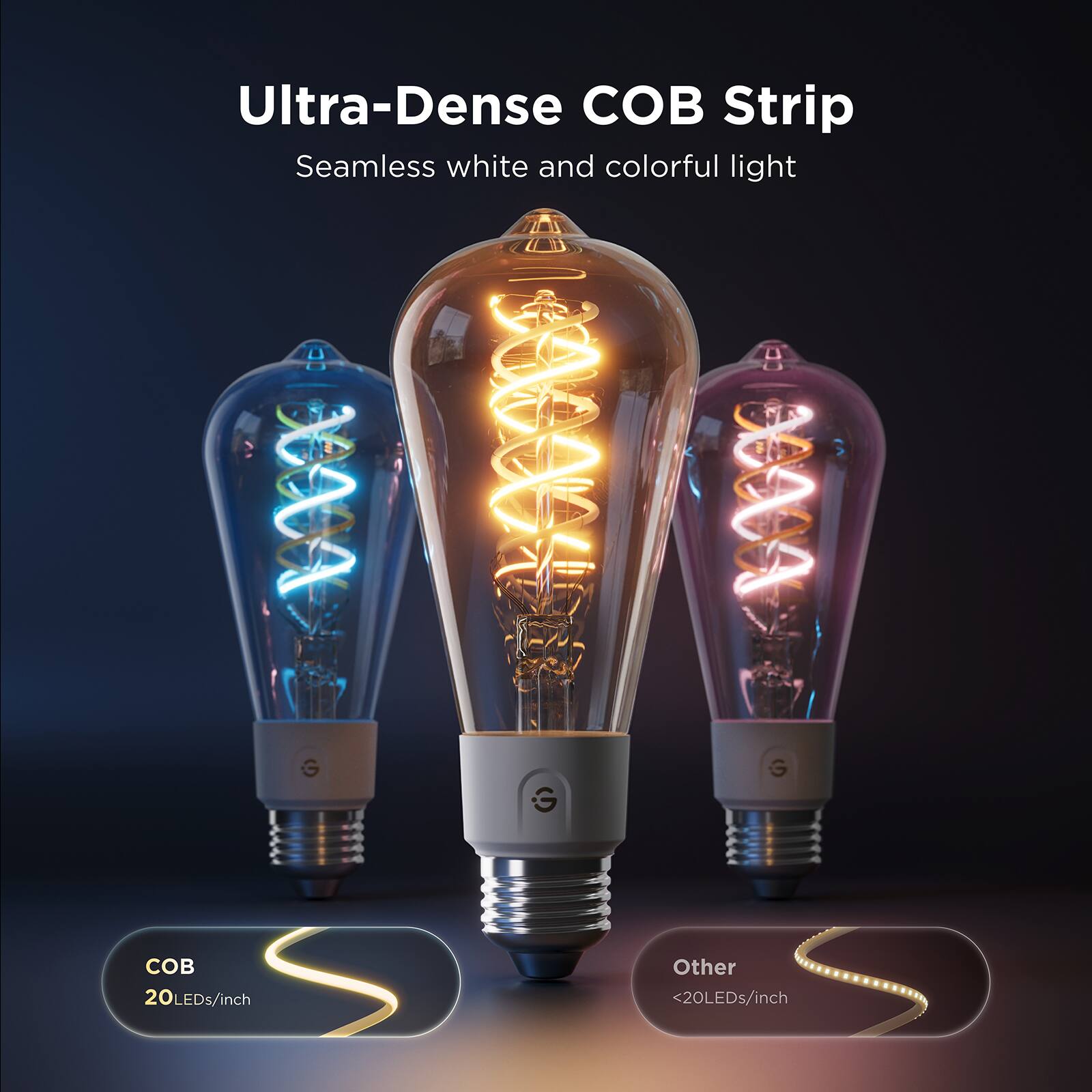Ultra-Dense COB Strip  
Seamless white and colorful light  

COB  
20 LEDs/inch  

Other  
<20 LEDs/inch