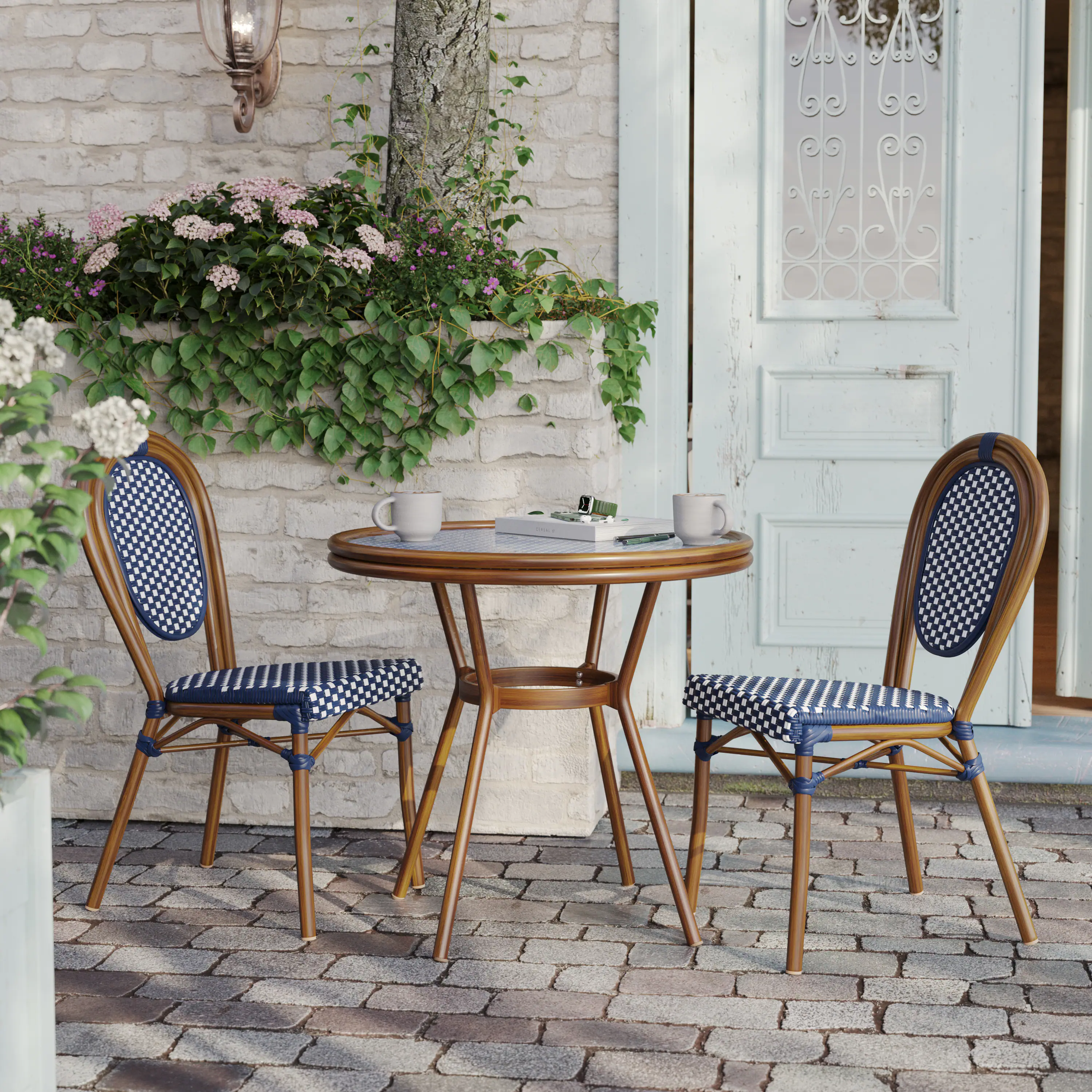 Alt View 2. Flash Furniture - Lourdes Indoor/Outdoor Commercial Bistro 31.5" Table, Navy and White PE Rattan, Glass Top, Bamboo Print Aluminum Frame i - Blue.